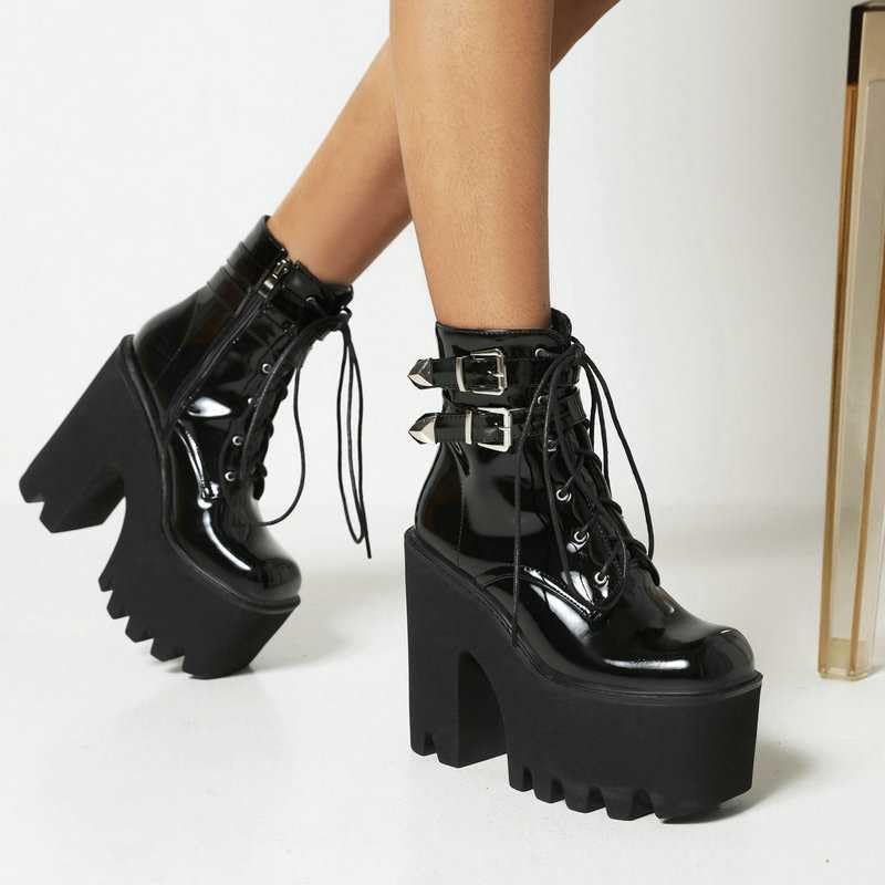 Women's Punk Combat Motorcycle Boots - Platform Block Heel, High Round Toe, Zipper Ankle Boots for Women | Mid Calf Chunky Heel Boots for Riding, Biking & Fashion Outfits