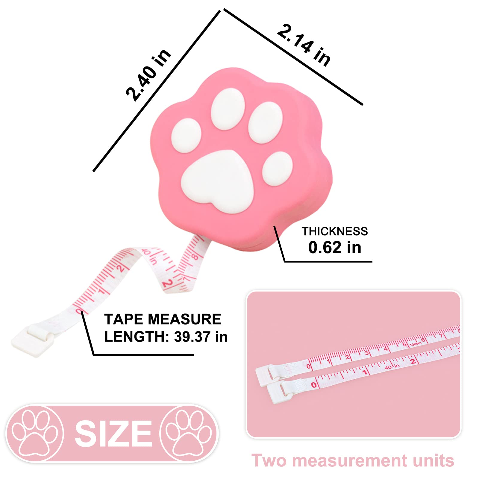 2 Pack Retractable Soft Tape Measure - Pink Cat Paw Design, Double Scale PVC Body Measuring Tape for Sewing, Weight Loss & Clothing Fabric - Perfect for Tailors, Fitness Enthusiasts & DIY Crafters