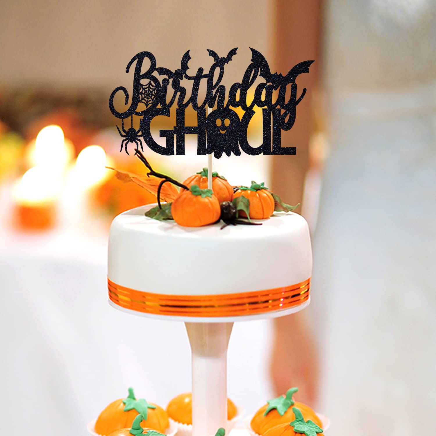Black Glitter Birthday Ghoul Cake Topper - Happy Halloween Ghost Cake Decor for Birthday Parties, Halloween Celebrations & Spooky Themed Events - Perfect for Cake Decoration, Party Supplies & Festive Dessert Toppings