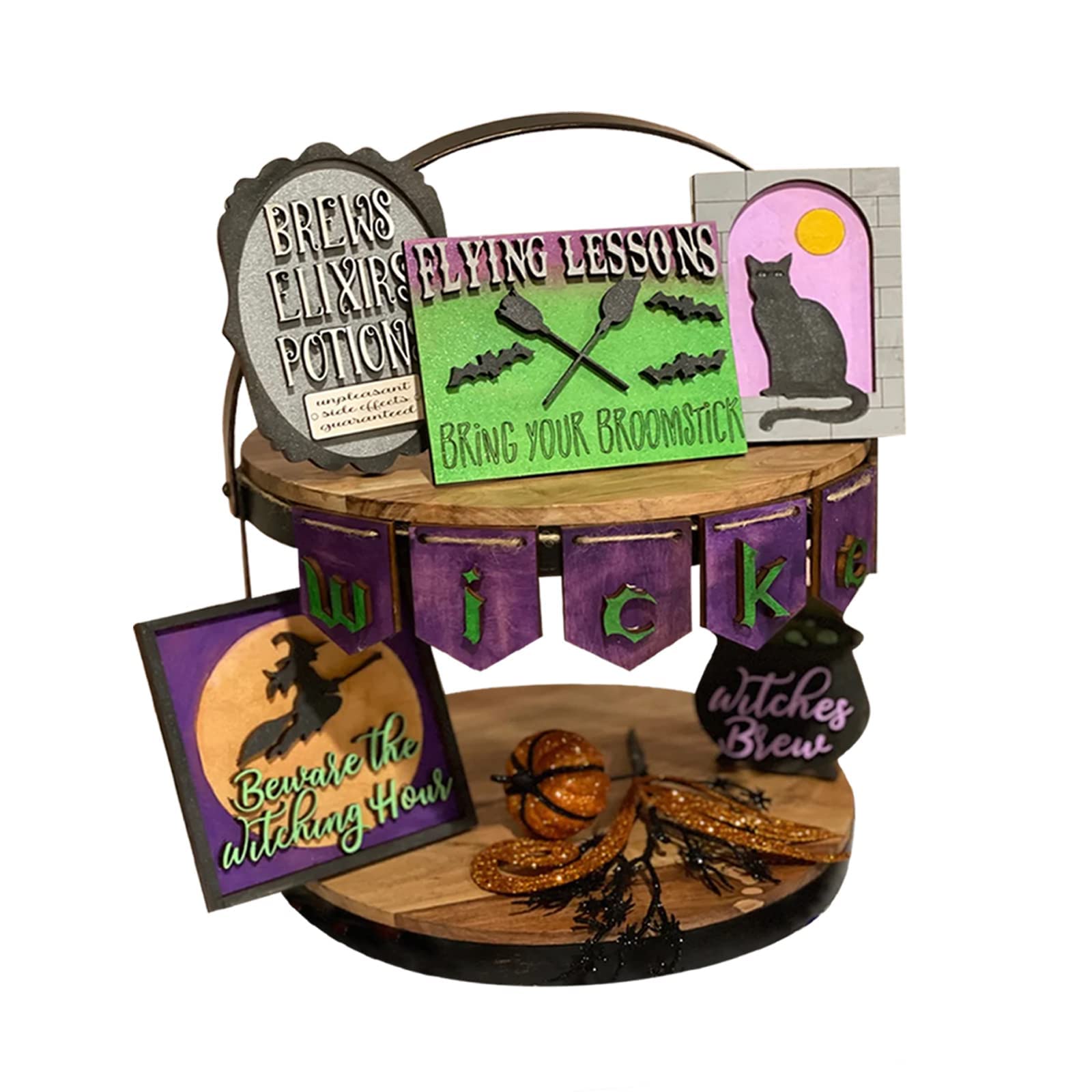 6-Piece Halloween Tiered Tray Decor Set - Witch Flying Lessons Wooden Signs, Rustic Farmhouse Kitchen & Home Table Decor - Perfect for Halloween Party Supplies & Seasonal Home Decoration