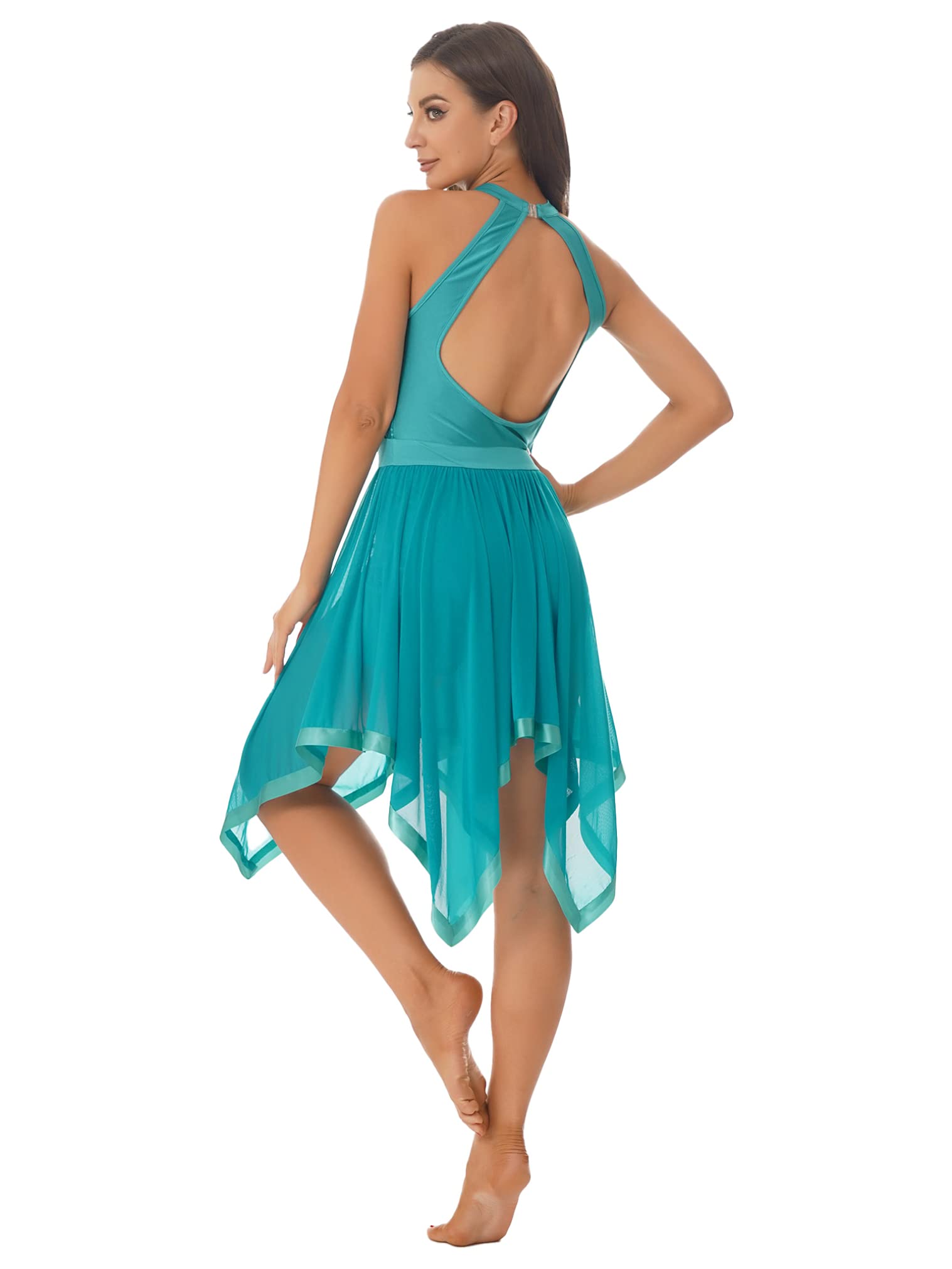 JEATHA Women's Sleeveless Lyrical Dance Costume - Halter Neck Sequined Asymmetrical Mesh Dress for Ballet, Contemporary Dance & Performance