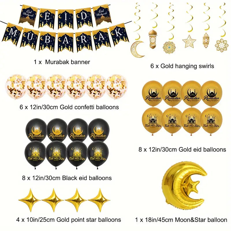 Eid Mubarak Party Decorations Set - Islamic Ramadan Home Decor for Eid Al-Fitr Celebration - Living Room & Party Atmosphere Arrangement - Perfect for Holiday Festivities & Family Gatherings