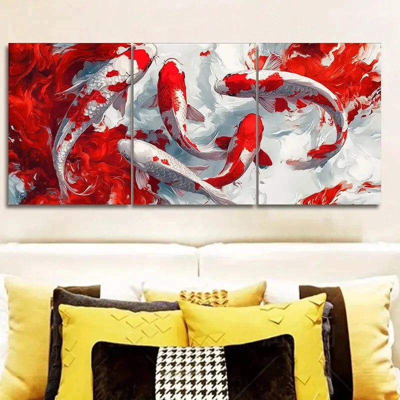 3-Piece Red and White Koi Fish Metal Wall Art Prints - Ready to Hang Home Decor for Living Room, Bedroom or Office