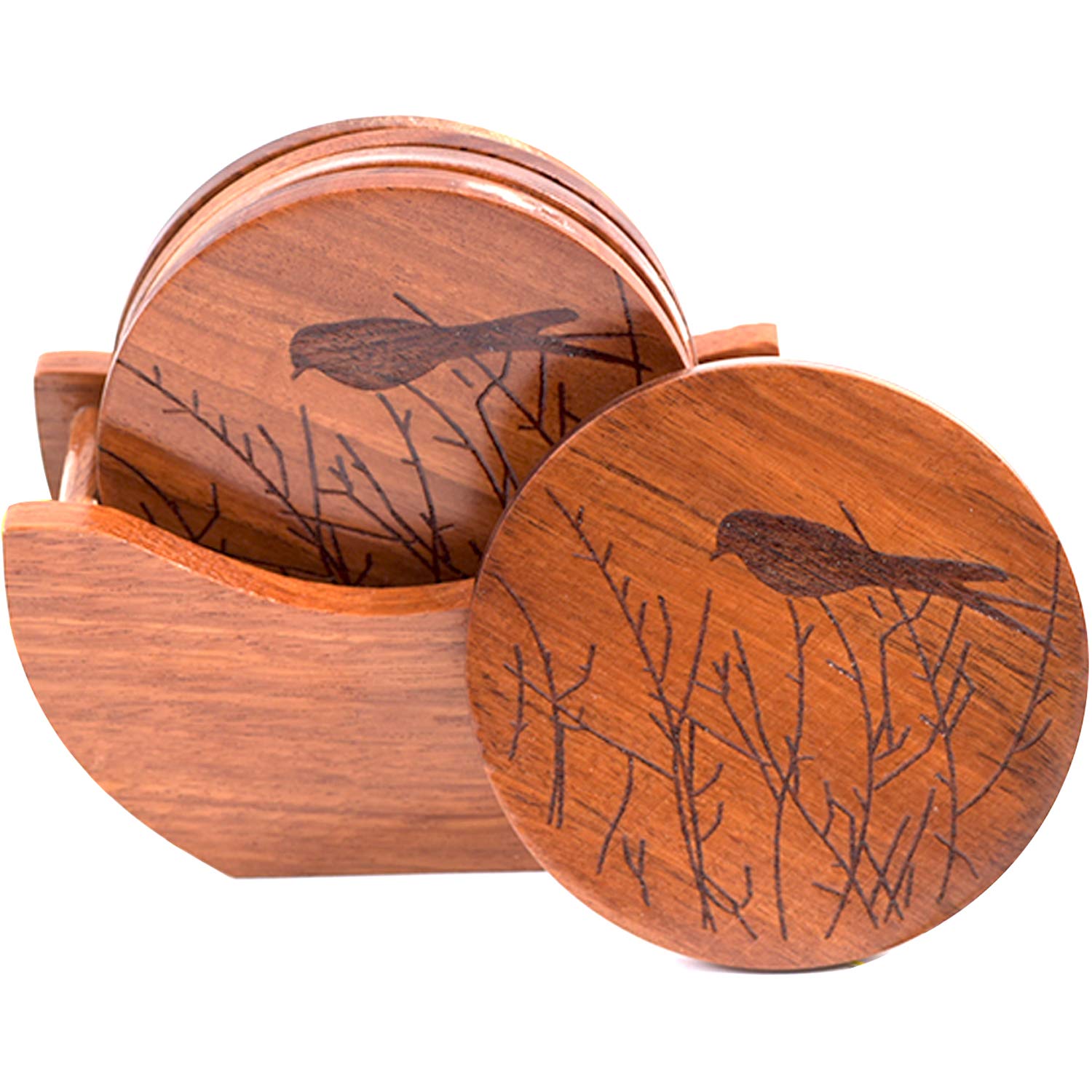 Natural Wooden Coasters Set of 7 - 3.9 Inch Round Drink Protectors for Coffee Tables & Wood Furniture | Non-Absorbent Surface with Holder | Perfect for Home, Office, and Party Use