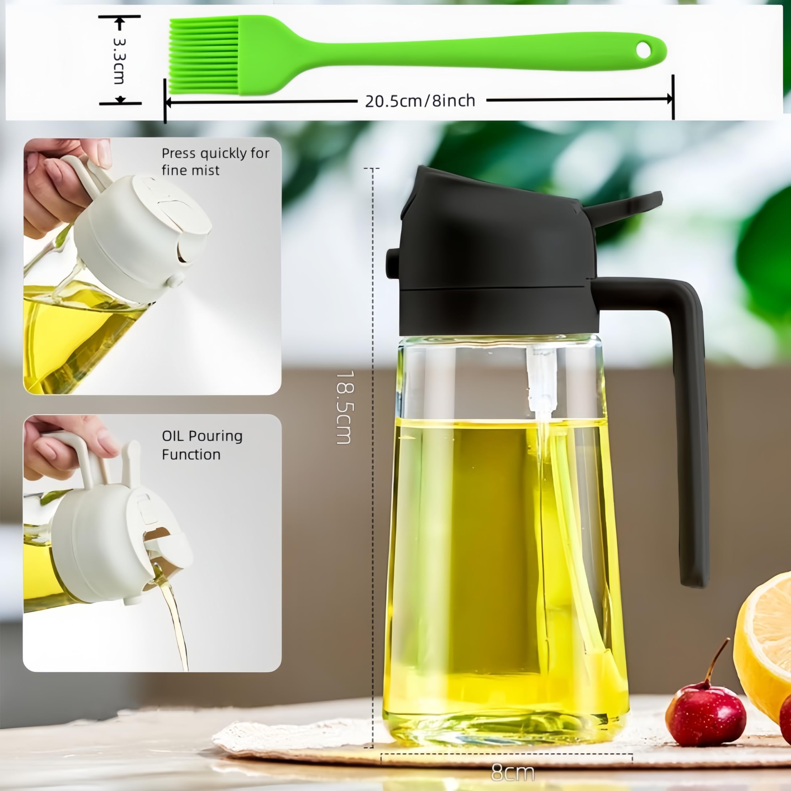16oz Olive Oil Dispenser with Brush - 2 in 1 Kitchen Oil Sprayer & Dispenser Bottle - Premium Black Olive Oil Container for Cooking, Baking & Salad Dressing