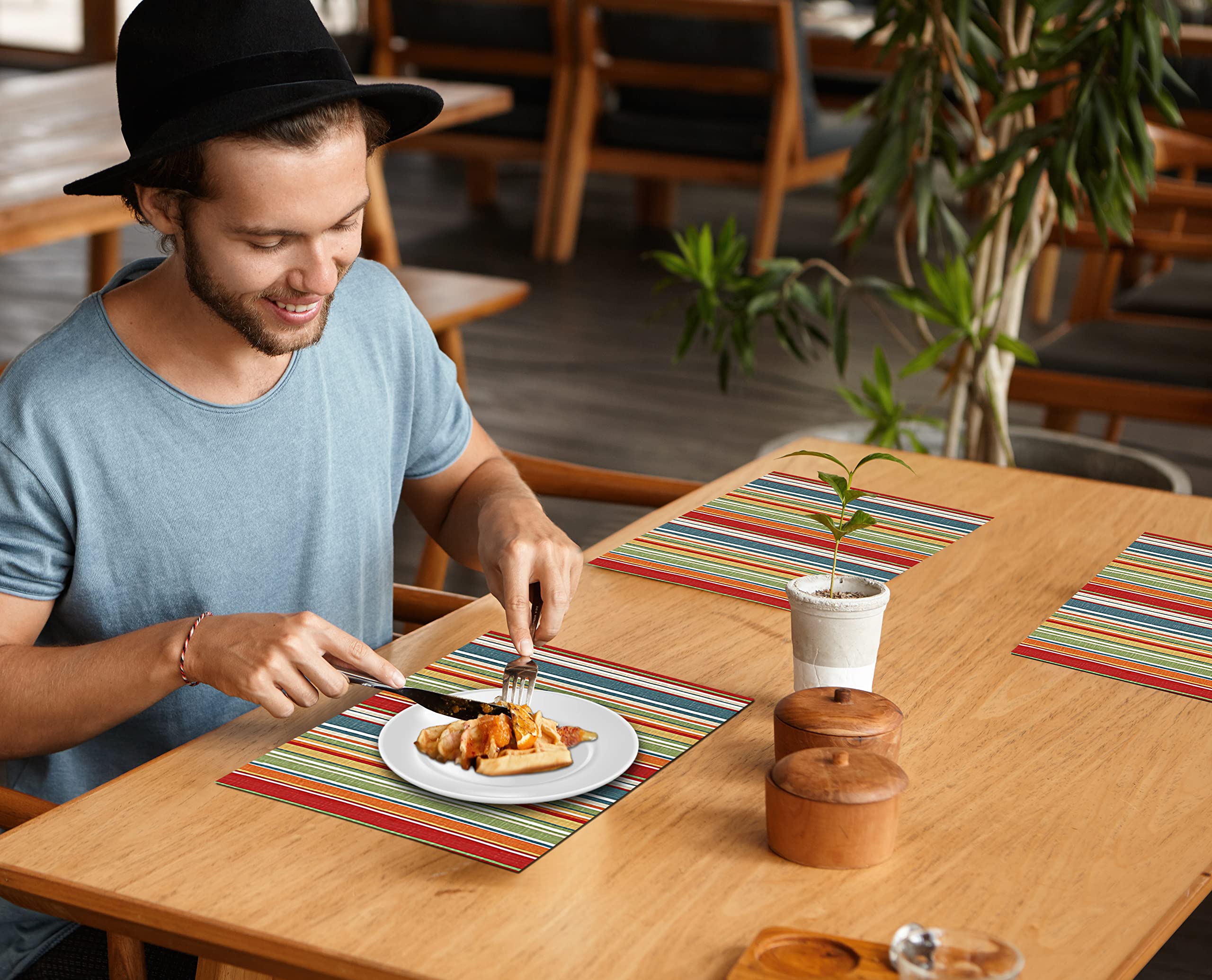 Premium Ruvanti 100% Cotton Placemats Set of 6 - 13x19 Inch Washable Dining Table Mats for Everyday Use, Holiday Dinners & Kitchen Decor | Multi-Stripe Design for Christmas, Thanksgiving & Family Gatherings