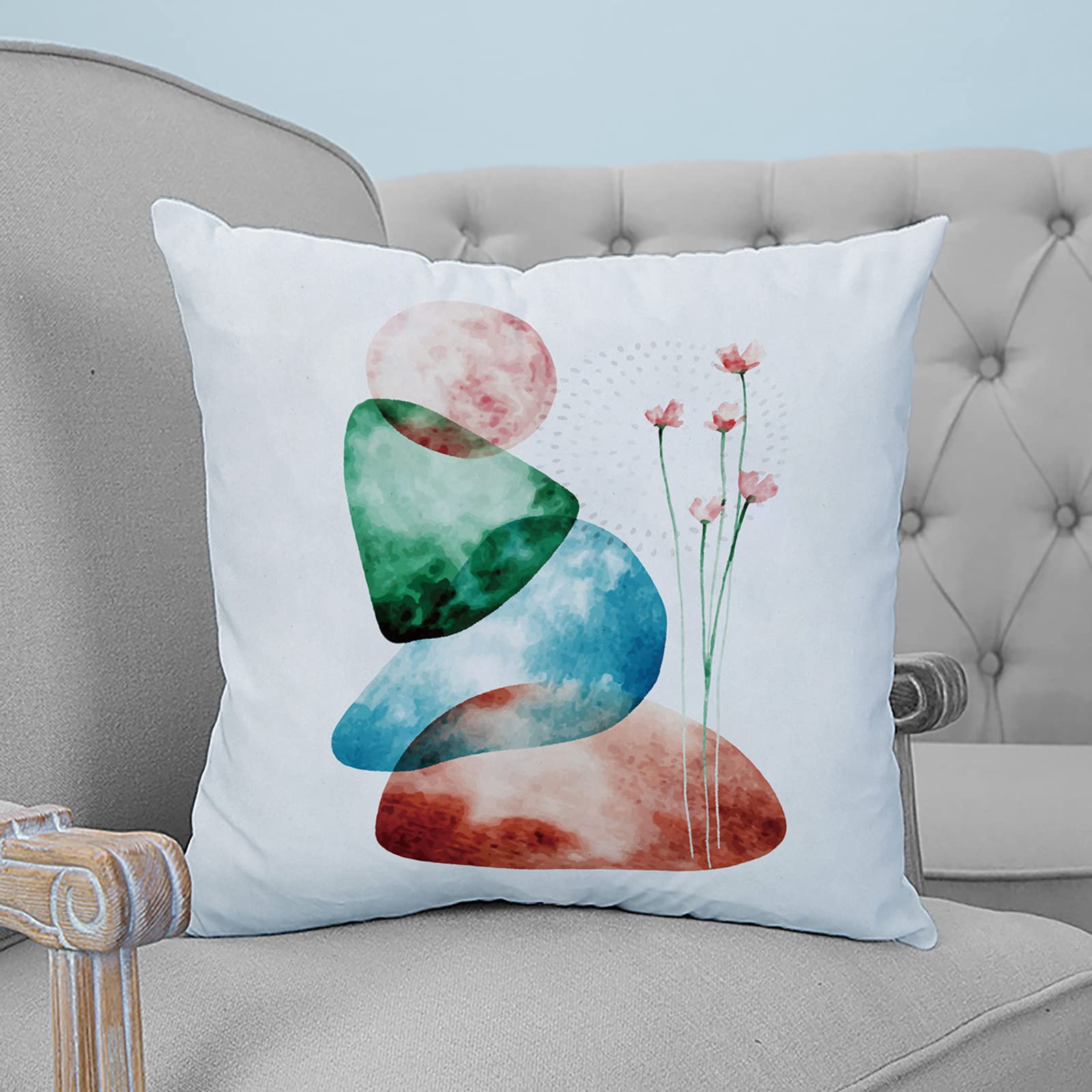 Ultra Soft Short Plush Throw Pillow Covers 16x16 Inch - Watercolor Stones & Flowers Square Decorative Cushion Case for Sofa, Bed, Couch | Perfect for Living Room Decor, Home Styling and Cozy Comfort