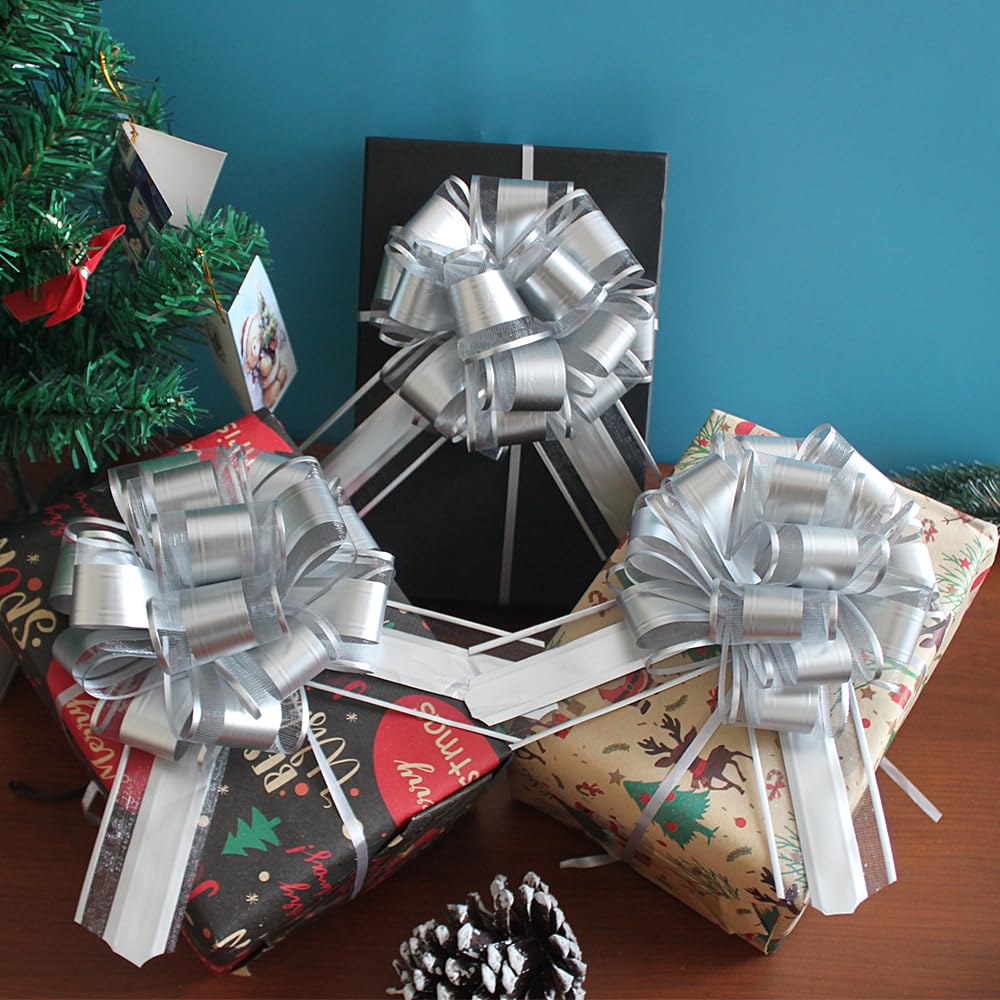 6pcs Silver Pull Bows for Gift Wrapping - Wedding, Christmas, Party Decor