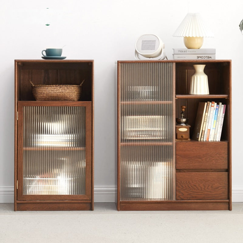 Solid Oak Wood Side Cabinet with Glass Door - Small Bookcase for Living Room, Bedroom & Office Storage