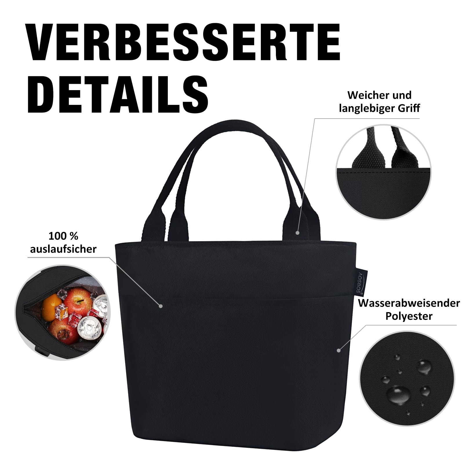 Portable Insulated Lunch Bag for Work & School - Lightweight, Foldable & Waterproof Cooler Tote with Zipper (Black) - Perfect for Picnics, Office Meals & Outdoor Activities