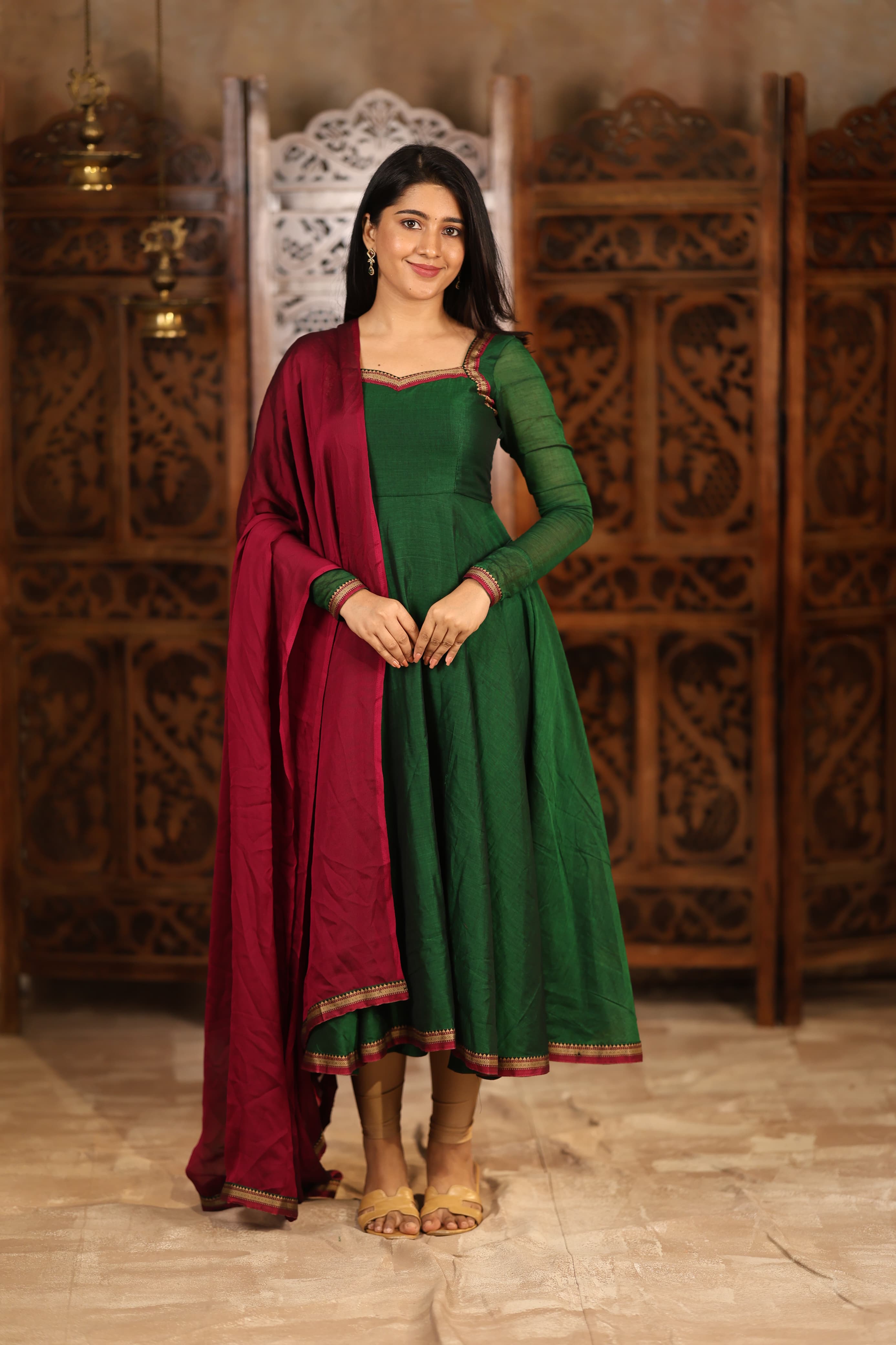 DD766 Thendral Pure Cotton Anarkali Dress - Women's Elegant Long Kurti with Flared Hem - Perfect for Festivals, Parties & Casual Wear