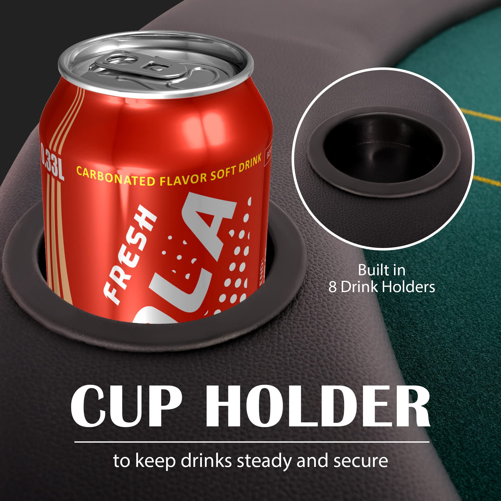 Premium 8-Player Foldable Poker Table - Water-Resistant Cushioned Rail & 8 Cup Holders - Casino-Grade Felt Surface for Texas Hold'em & Blackjack - Portable Round Poker Table for Home Game Nights & Casino Parties