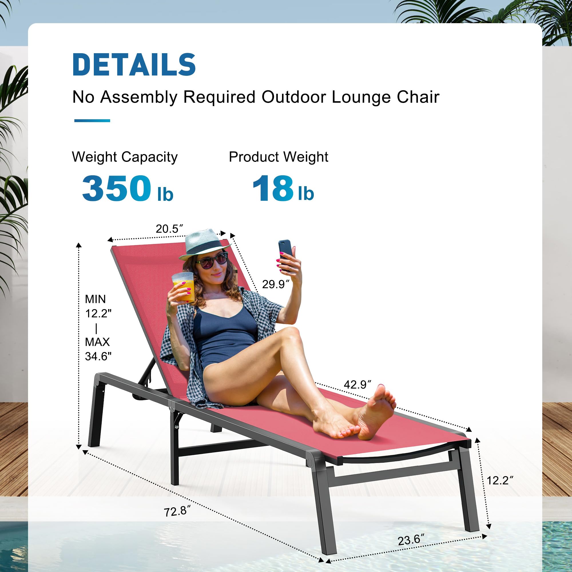 Premium Foldable Outdoor Lounge Chair - 0-60° Adjustable Backrest, No Assembly Required, Stainless Aluminum Frame for Patio, Poolside & Beach Relaxation (Red) | Perfect for Sunbathing, Backyard Lounging & Vacation Getaways