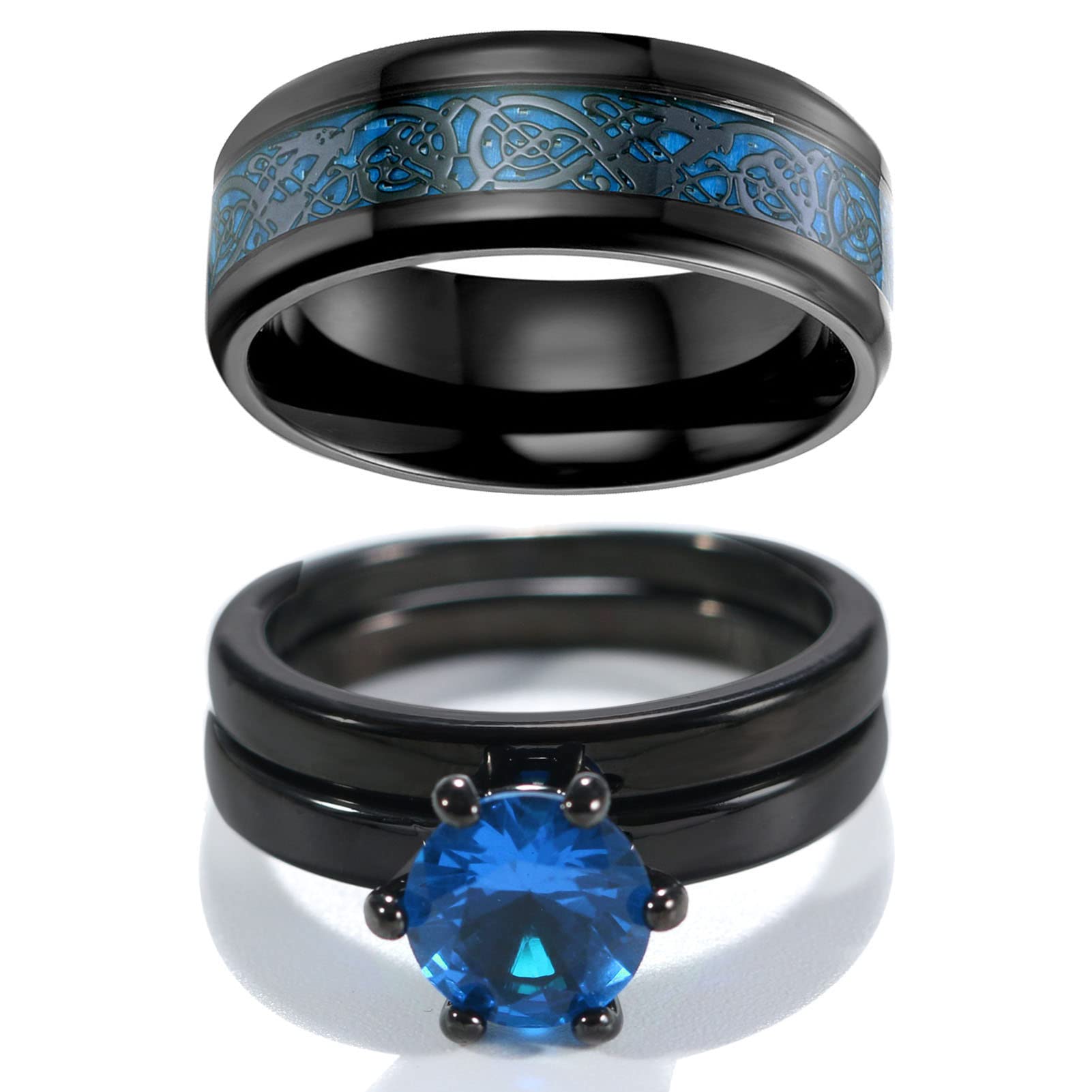 MASHAN His and Hers Wedding Rings Set - Matching Couple Bands for Men & Women - Blue and Black Tungsten Wedding Rings - Perfect for Anniversaries, Engagements, and Romantic Gifts
