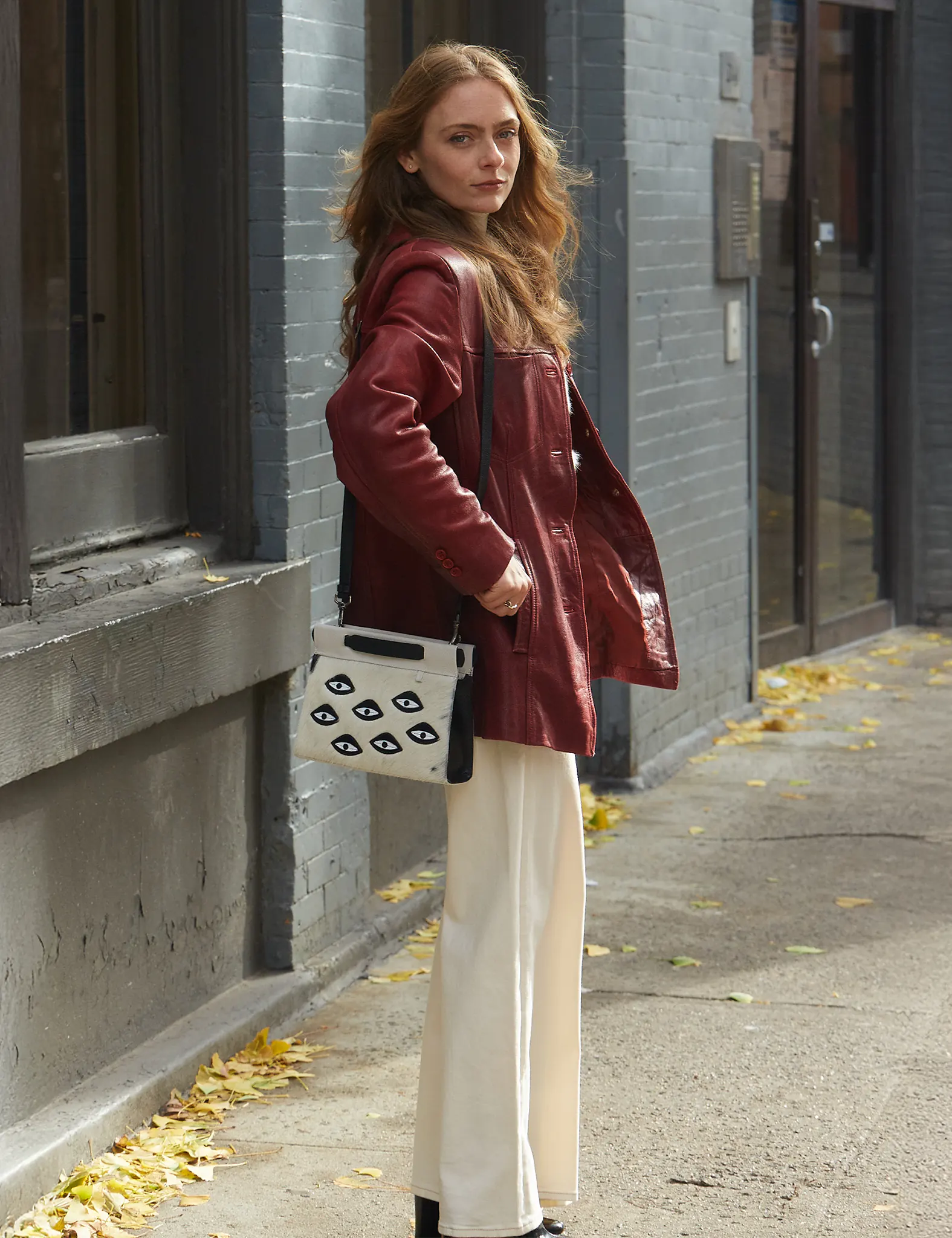 Vali Crossbody Small Cream Leather Bag with Eyes Applique & Adjustable Strap - Perfect for Everyday Use, Travel, and Casual Outings
