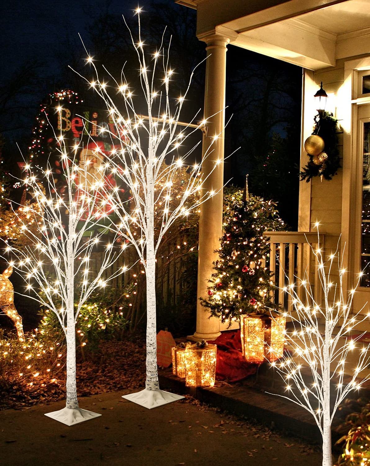 MIERES Lighted Birch Tree - Pack of 3 Prelit Christmas Trees (4ft, 5ft, 6ft) | Indoor/Outdoor LED Holiday Decor for Porch, Home, Wedding & Parties | Warm White Lights for Christmas, Easter, Summer Festivals & Seasonal Celebrations