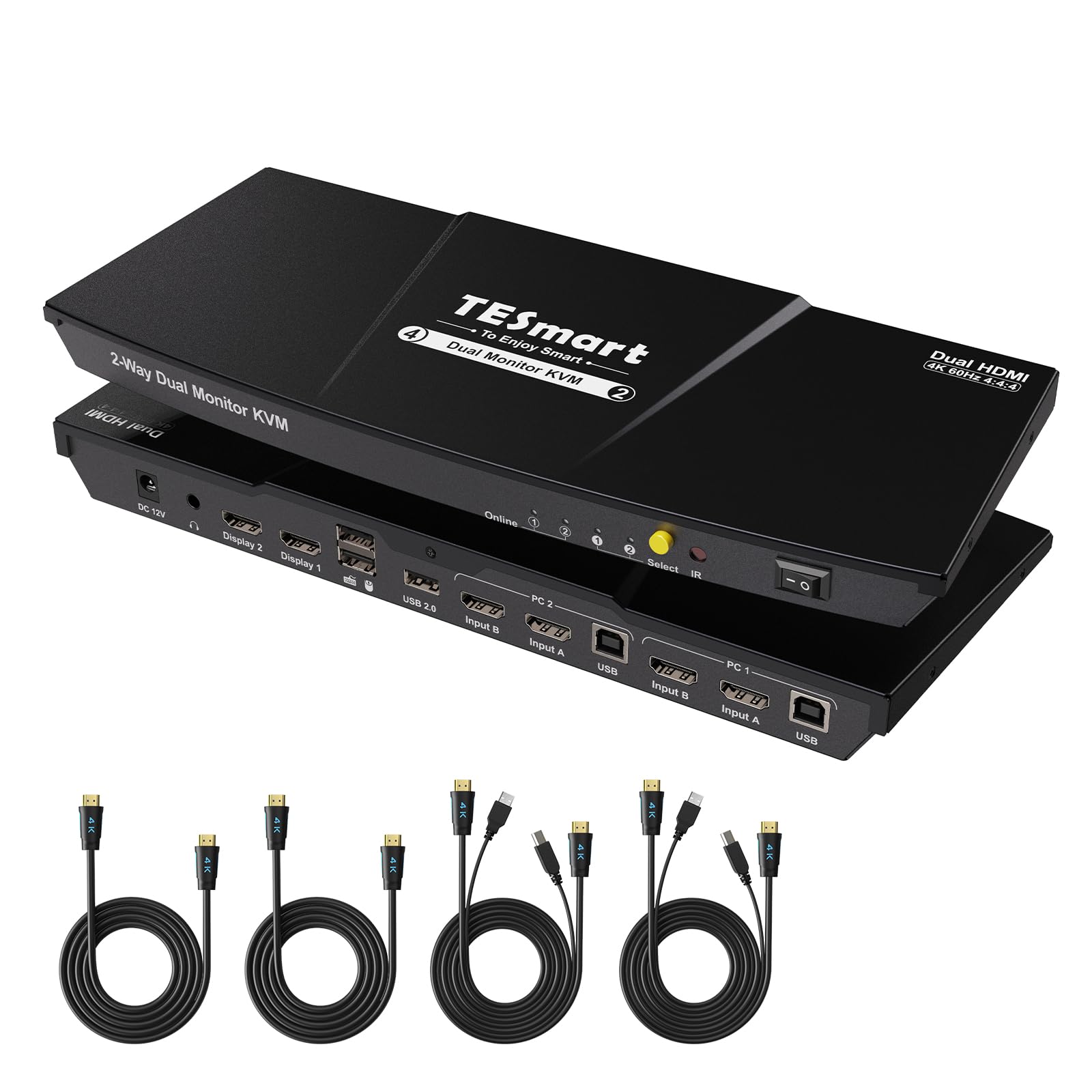 TESmart 2 Port HDMI KVM Switch for 2 Monitors & 2 Computers - 4K@60Hz, USB 2.0, EDID Emulator, Audio Support - Hotkey & Button Switching with Cables - Perfect for Home Office, Gaming & Multi-Tasking Workstations