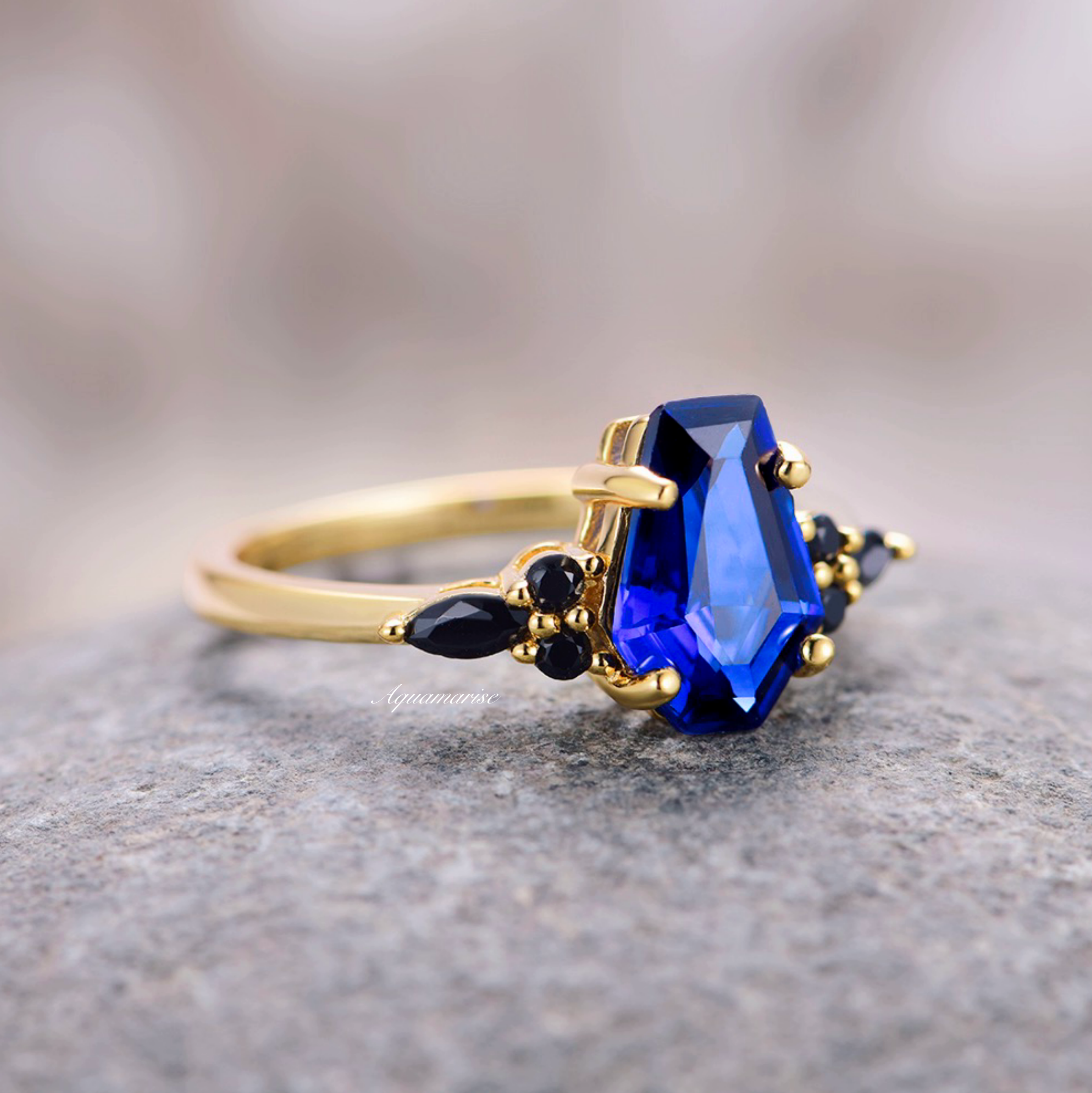 Exquisite 14K Yellow Gold Vermeil Coffin Cut Blue Sapphire & Black Onyx Ring for Women | Elegant Gothic Jewelry for Weddings, Parties & Special Occasions