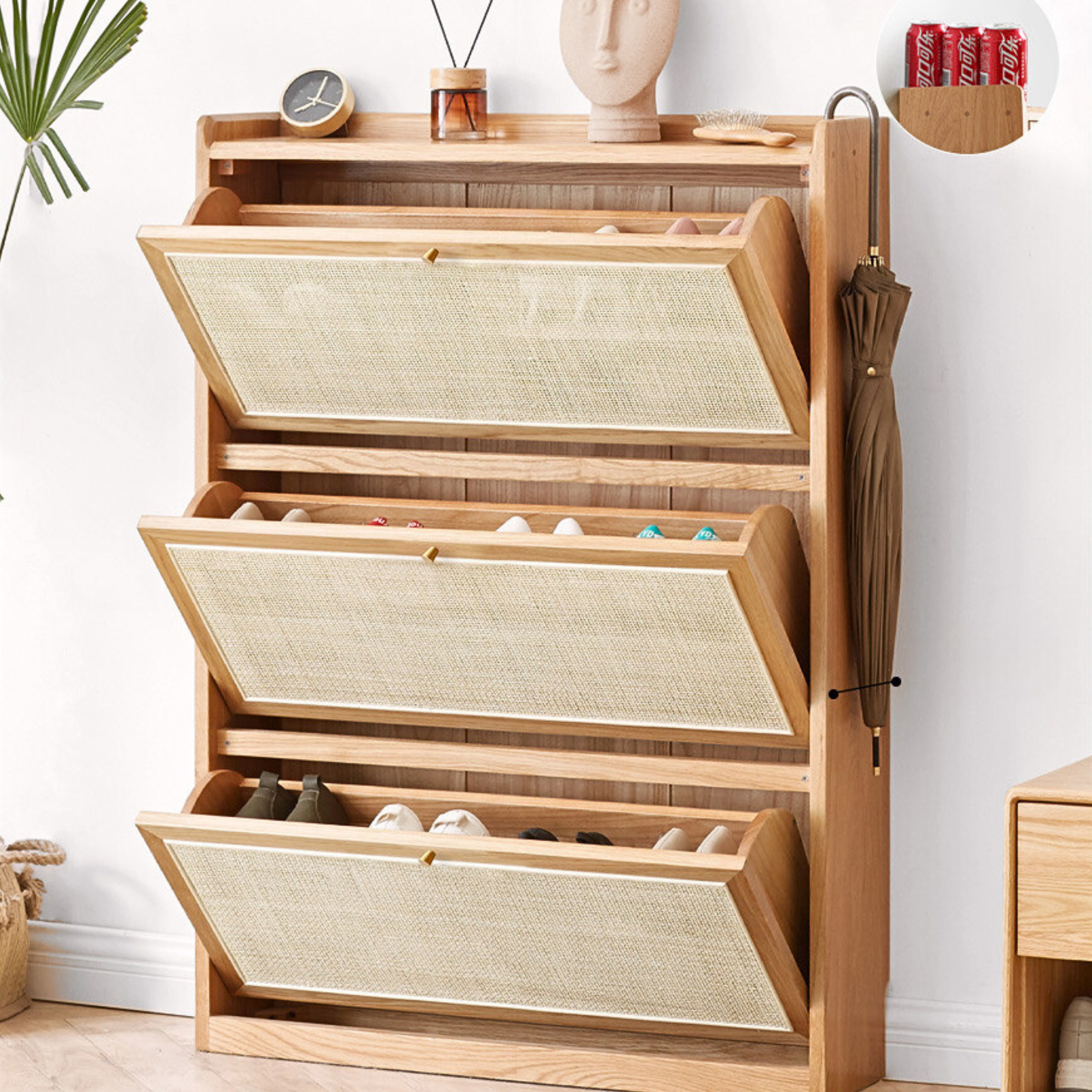 Oak Solid Wood Ultra Thin Flap Door Rattan Shoe Cabinet - Space Saving Entryway Storage Organizer for Hallway, Closet & Mudroom