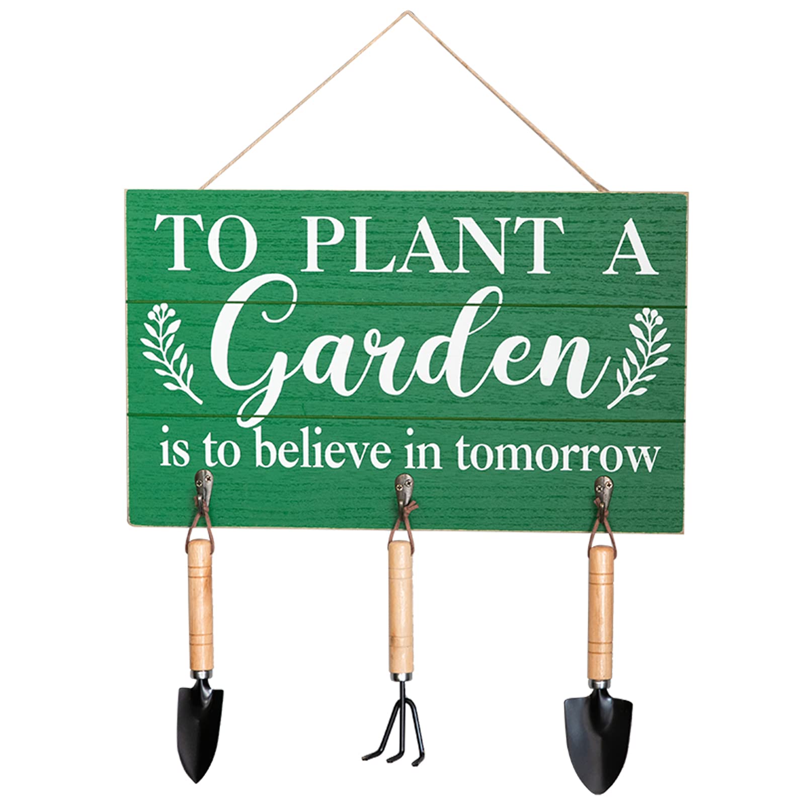 COLLECTIVE HOME - 3-Piece Garden Decor Set with Wood Hanging Signs & Tools, Outdoor Plant Hooks (15.75