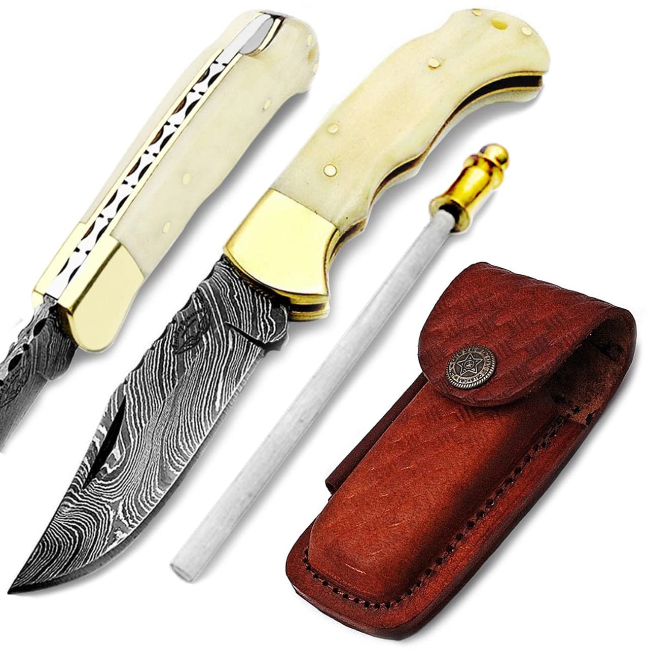 Premium Damascus Folding Pocket Knife with Blue Wood Handle - High-Quality Camping, Hunting & Survival Knife for Men - Perfect Gift for Outdoorsmen & Adventurers - Ideal for Hiking, Fishing & Everyday Carry (Camel)