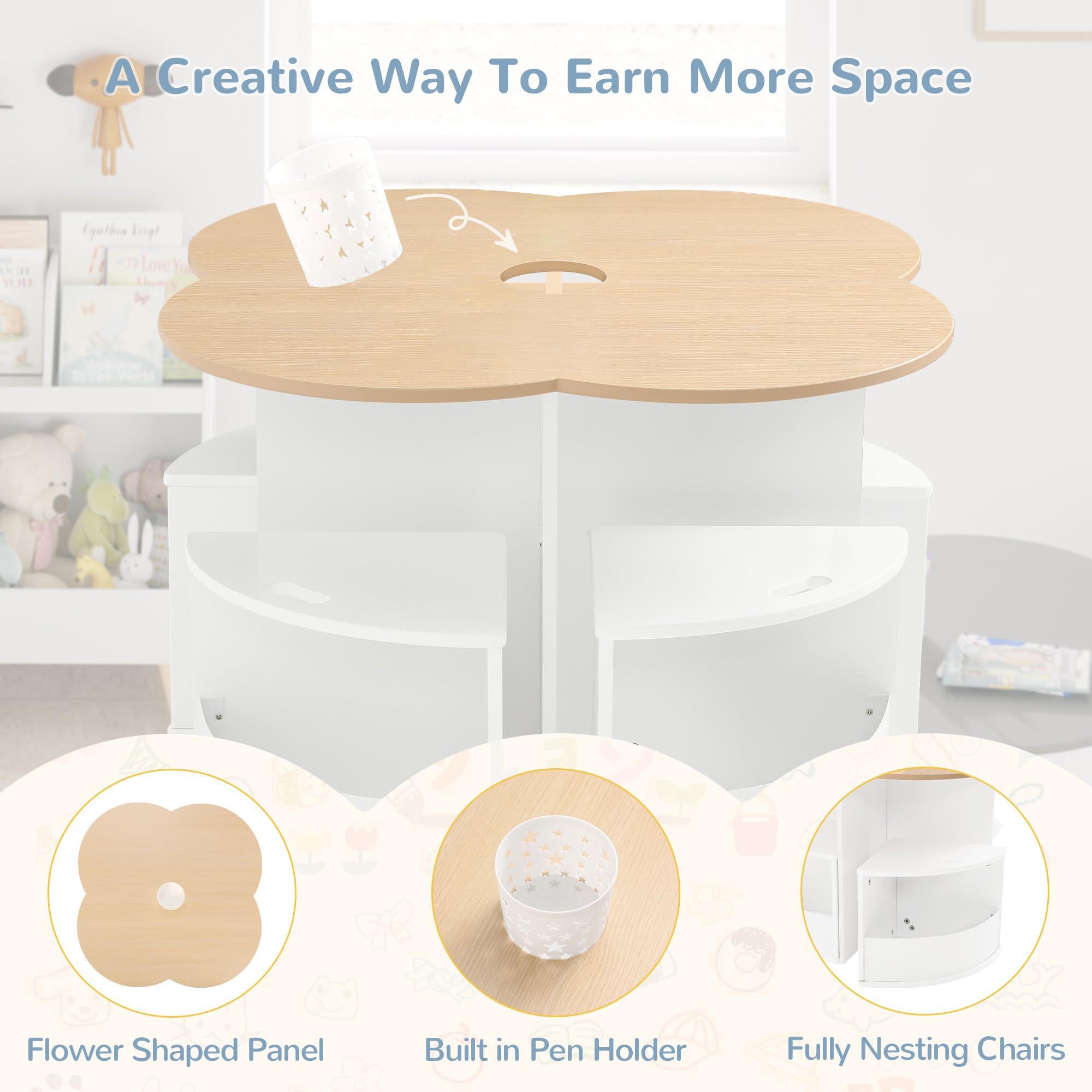 Flower-Shaped Toddler Table and Chair Set with 4 Storage Stools & Built-in Pen Holder - Kids Activity Table for Play, Art, Reading & Crafts (Natural/White) - Perfect for Preschool Learning, Daycare Centers & Home Playrooms