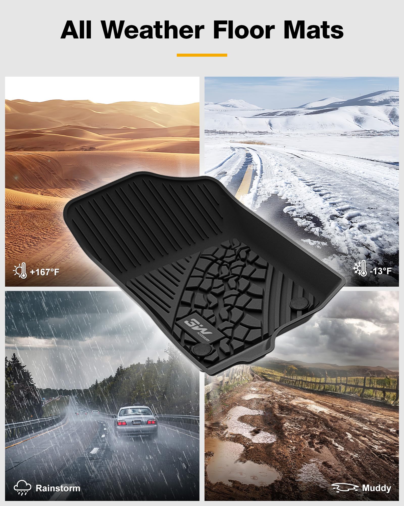 3W All-Weather TPE Floor Mats for Jeep Wrangler 4XE 2021-2024 Hybrid 4 Door (Non JL/JK) - Black Car Floor Liners Full Set with Grey Logo - 1st & 2nd Row Protection - Perfect for Off-Roading, Daily Commute & Extreme Weather Conditions