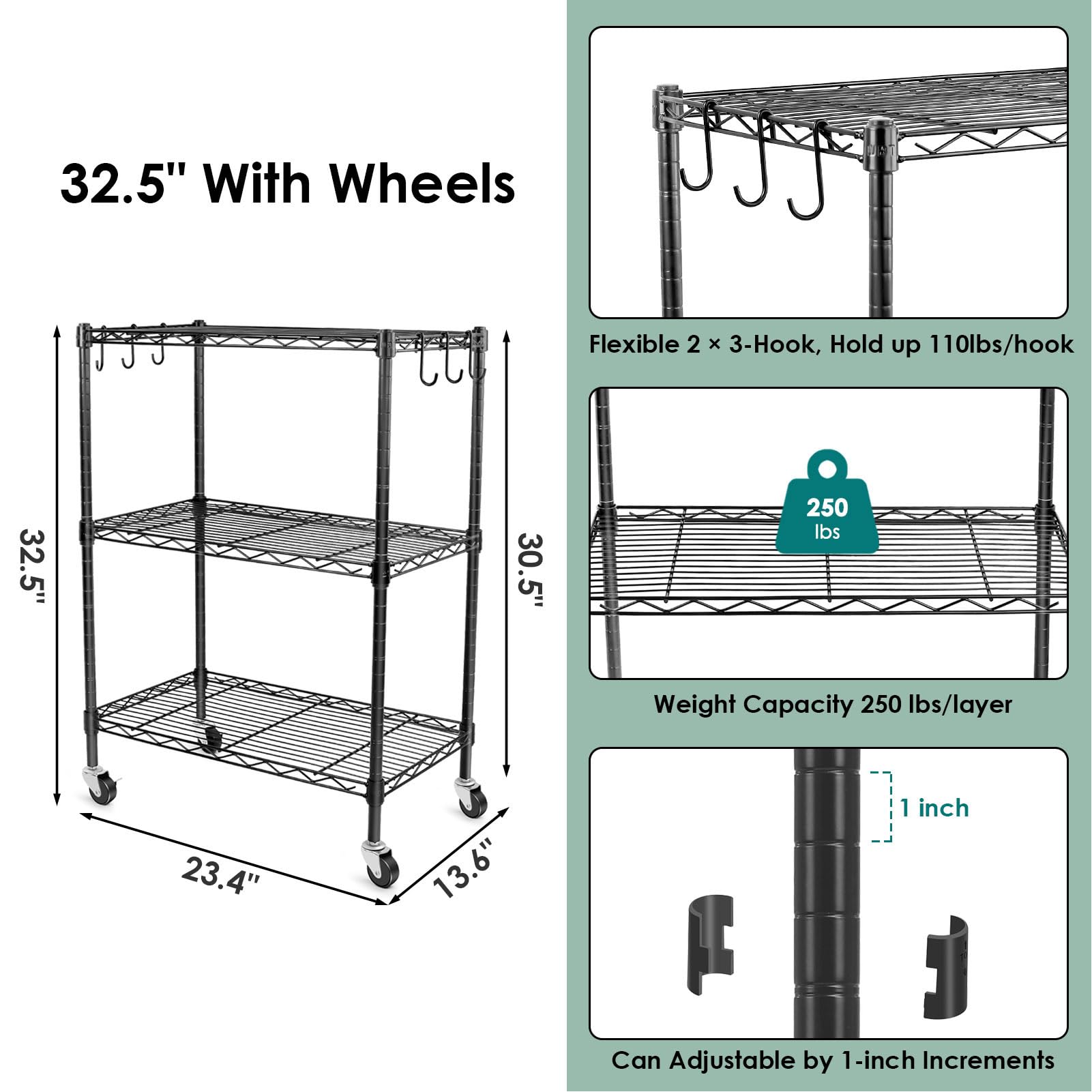 3-Tier Heavy Duty Metal Storage Shelves - Adjustable Wire Rack Shelving Unit with Wheels, 23.4