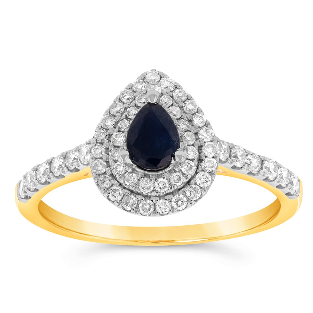 0.30ct Natural Black Sapphire & 1/3ct Diamond Double Halo Pear Ring in 9K Yellow Gold - Elegant Engagement, Wedding, Anniversary Jewelry Gift for Her