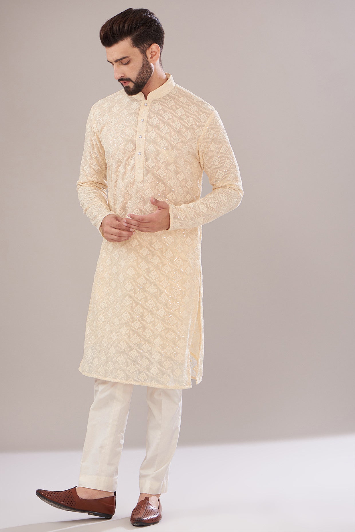 Light Beige Georgette Embroidered Kurta for Women | Elegant Indian Ethnic Wear | Perfect for Festivals, Weddings & Special Occasions