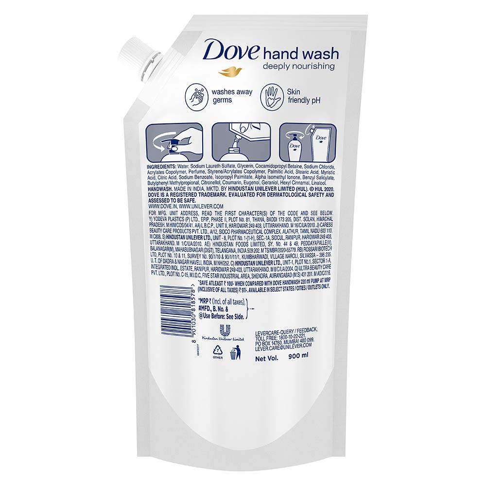 Dove Moisturising Liquid Hand Wash Refill 900ml | Gentle Hand Cleanser for Soft Hands & Sensitive Skin | Nourishing Hand Soap | Perfect for Home, Office & Bathroom Use