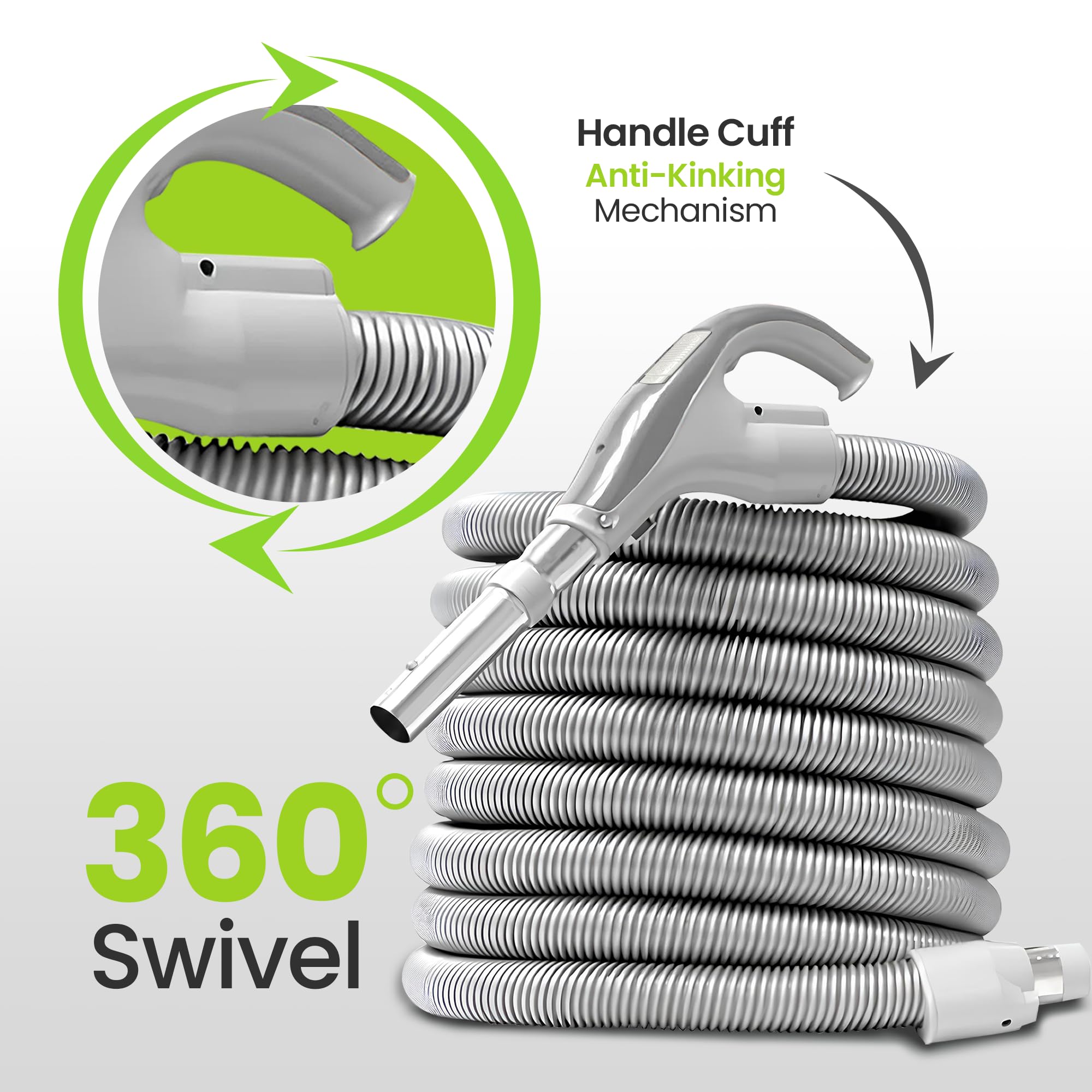 ULTRA CLEAN 50ft Central Vacuum Air Hose with Pistol-Grip Handle & 24V On/Off Switch - Compatible with BEAM, Electrolux, Eureka, Nutone Vacuums - Perfect for Whole-House Cleaning, Car Detailing & Workshop Use (Button-Lock Design)