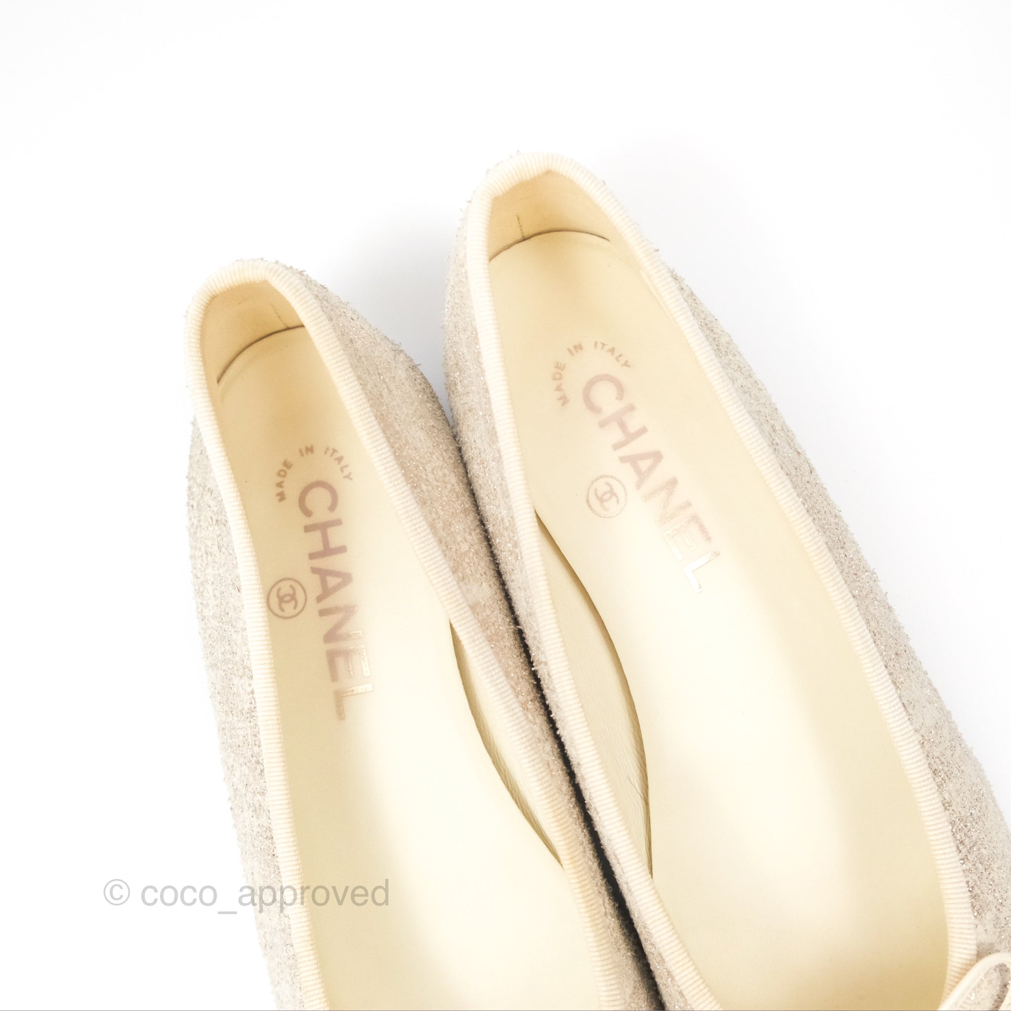 Chanel Glitter Ballerina Flats in Ivory & Black - Size 39 | Women's Luxury Fashion Shoes for Parties, Weddings & Evening Events