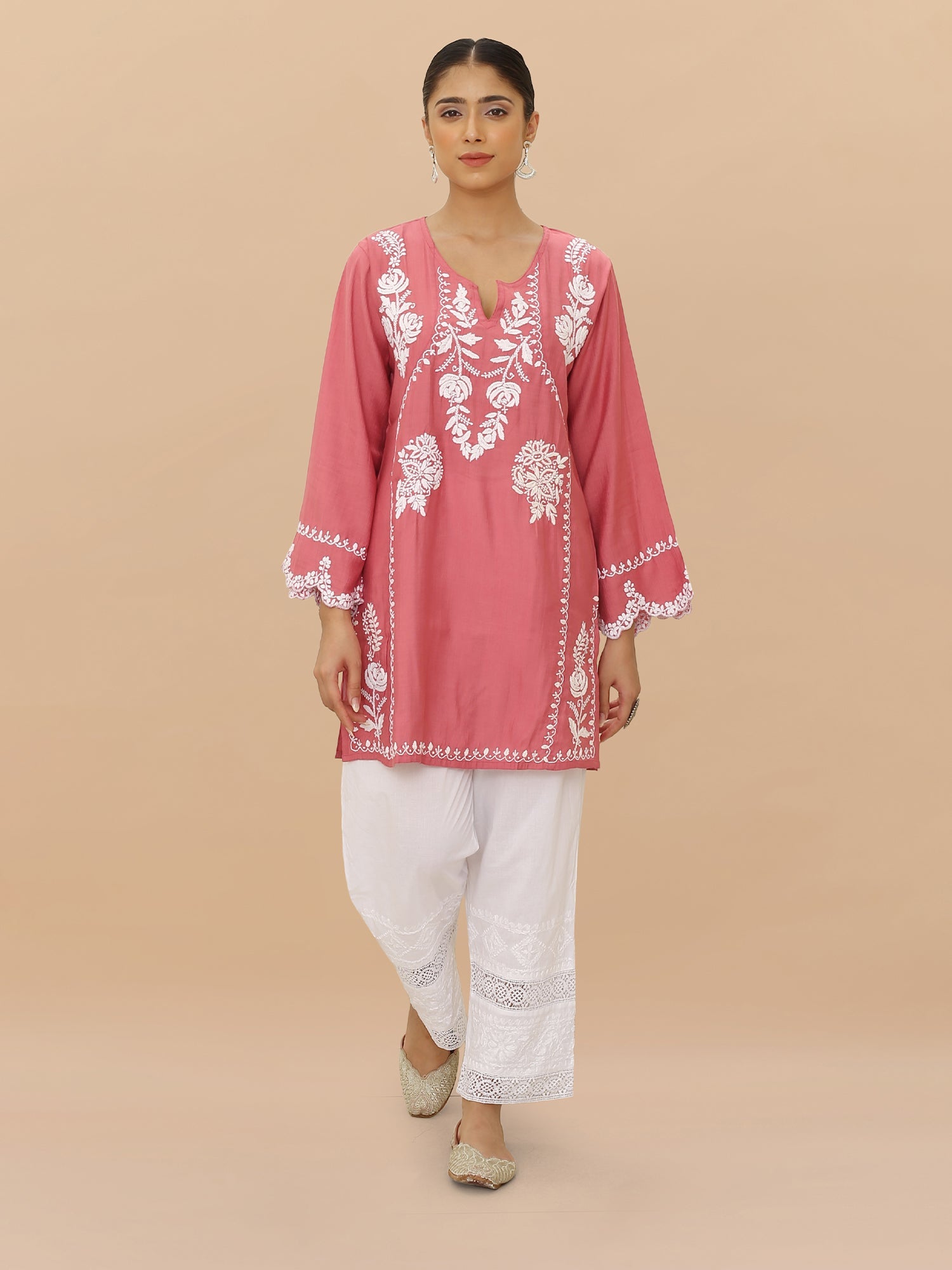 Elegant Saba Chikankari Short Kurta in Soft Modal Silk - Pink | Traditional Indian Ethnic Wear for Women | Perfect for Festivals, Weddings & Casual Outings
