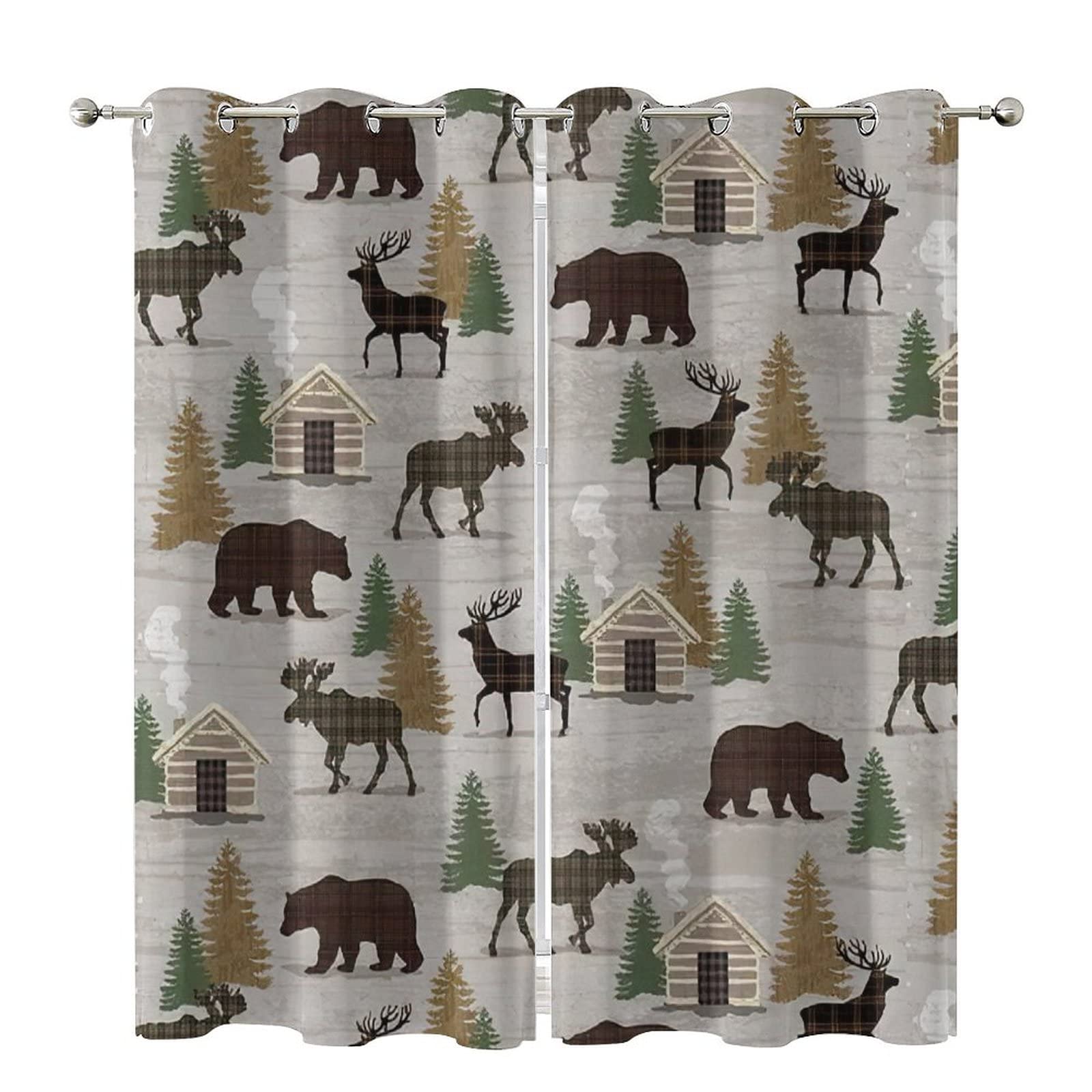 Camouflage Blackout Curtains Set of 2 Panels - Country Farmhouse Lodge Style with Bear Moose Deer Prints - 42x63 Inch Thermal Insulated Window Drapes for Bedroom & Living Room - Perfect for Hunting Cabins, Rustic Home Decor, and Light Blocking