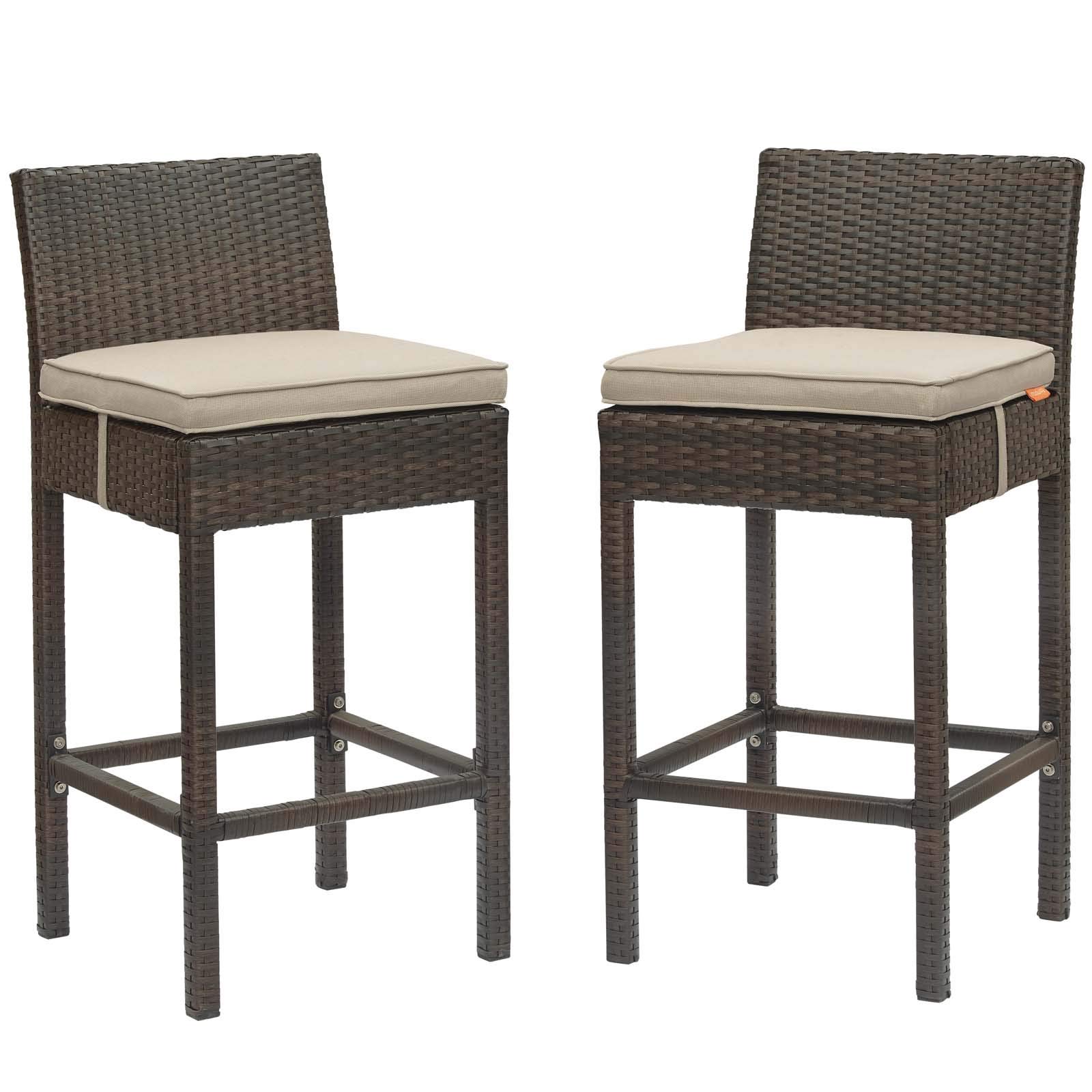 Modway EEI-3603-BRN-BEI Outdoor Patio Bar Stools Set of 2 - Brown Beige Wicker Rattan Bar Height Stools for Backyard, Garden, Poolside & Deck - Weather-Resistant & Durable