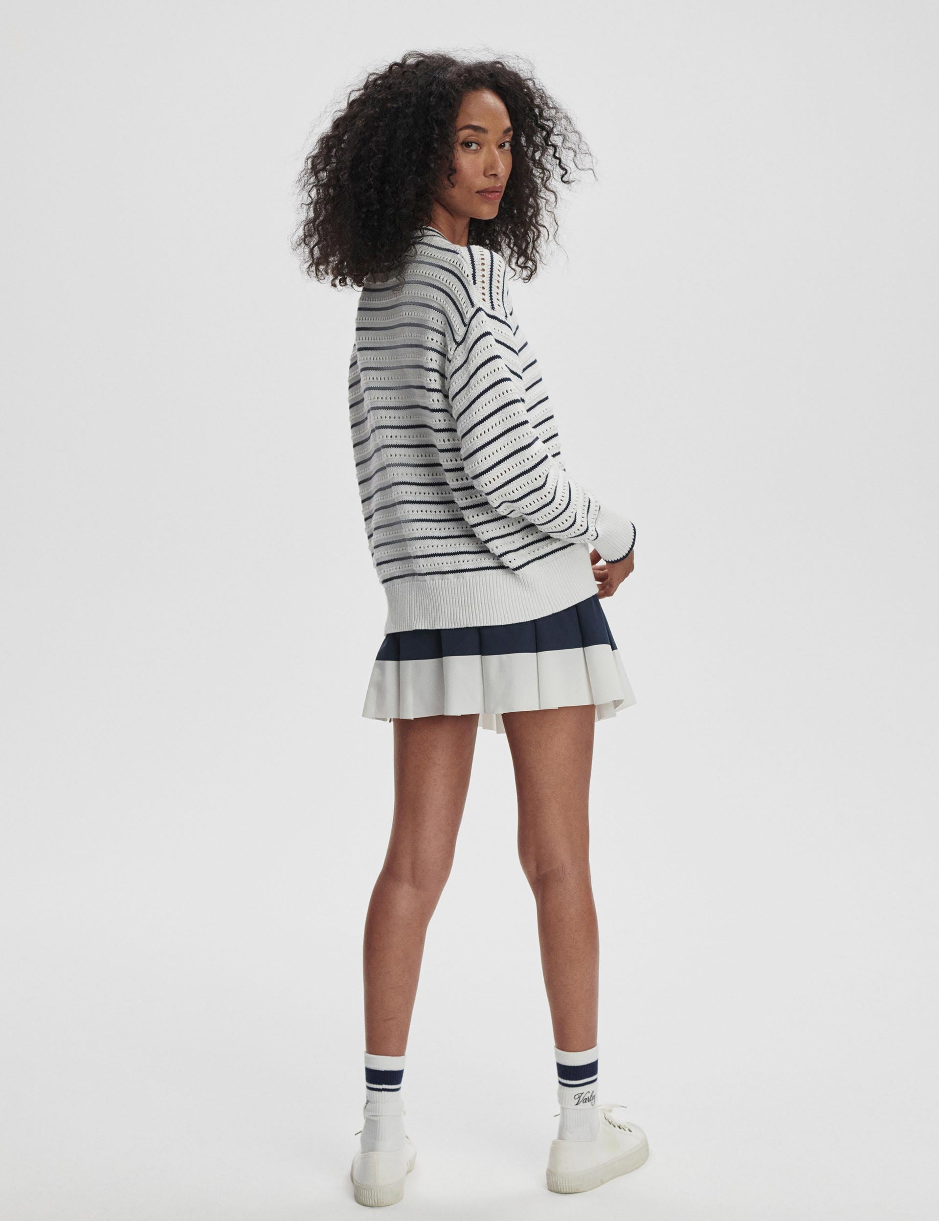 Antonia Relaxed Cardigan for Women - Soft Knit Open Front Sweater in White & Blue Nights - Perfect for Casual Wear, Office & Cozy Evenings