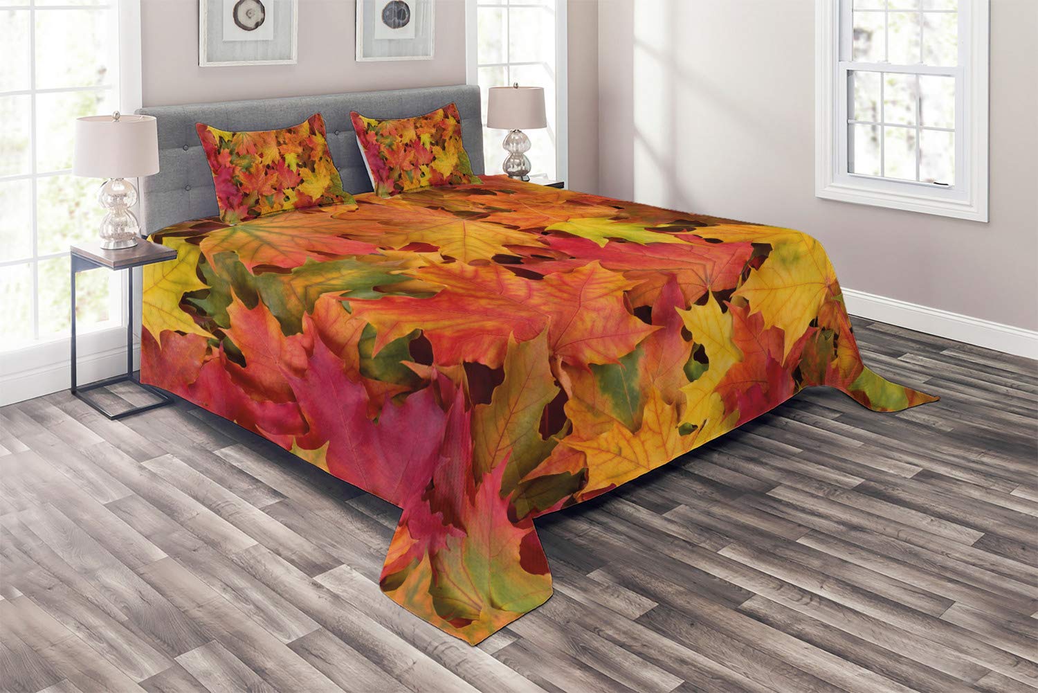 Lunarable Fall Leaves Quilt Set - 3 Piece King Size Bedspread with 2 Pillow Shams, Multicolor Autumn Leaf Pattern | Cozy Seasonal Bedding for Fall Decor, Thanksgiving & Christmas Home Decor
