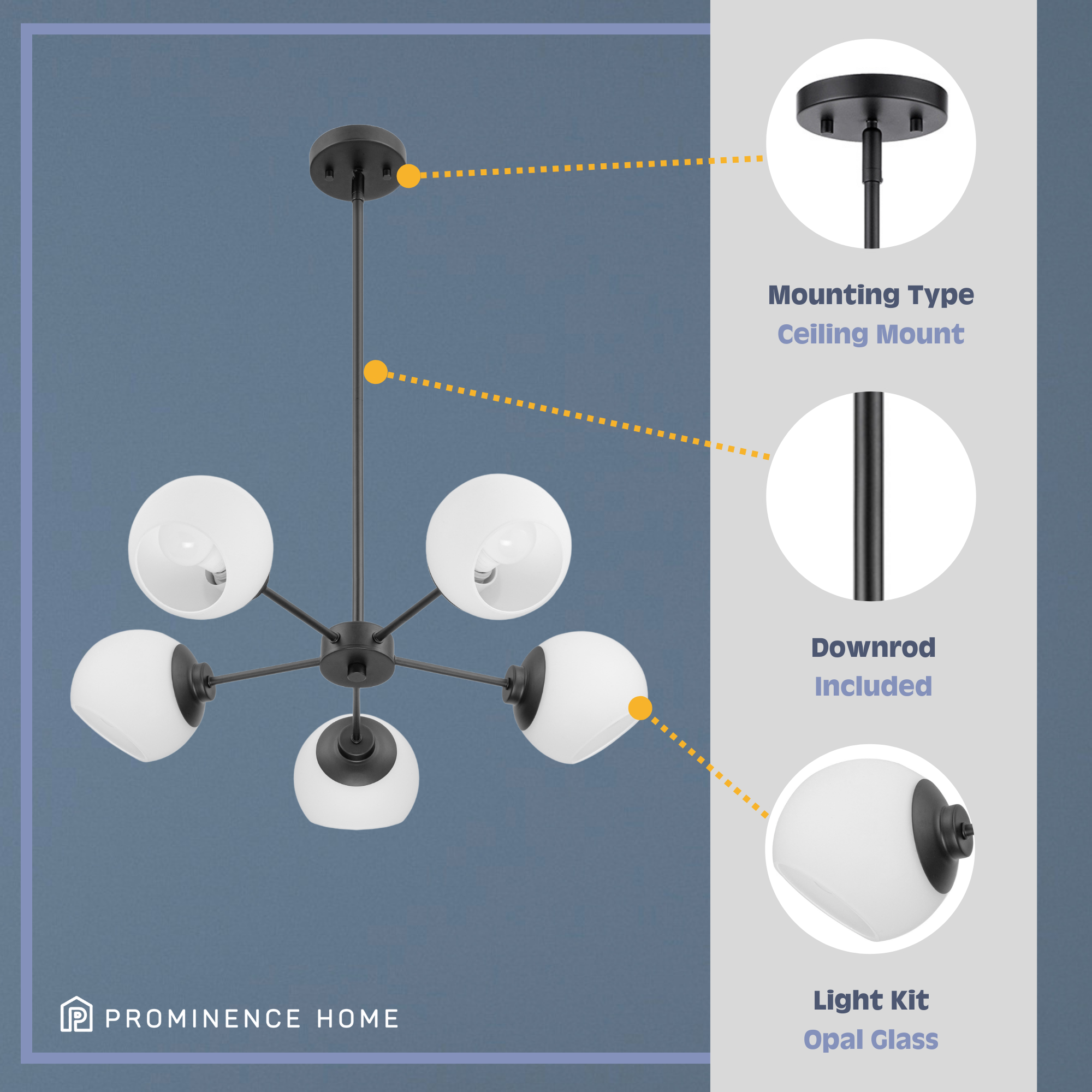 5-Light Stoll Chandelier in Matte Black with Opal Glass Shades - Modern Dining Room Lighting Fixture for Kitchen Island, Foyer, and Bedroom