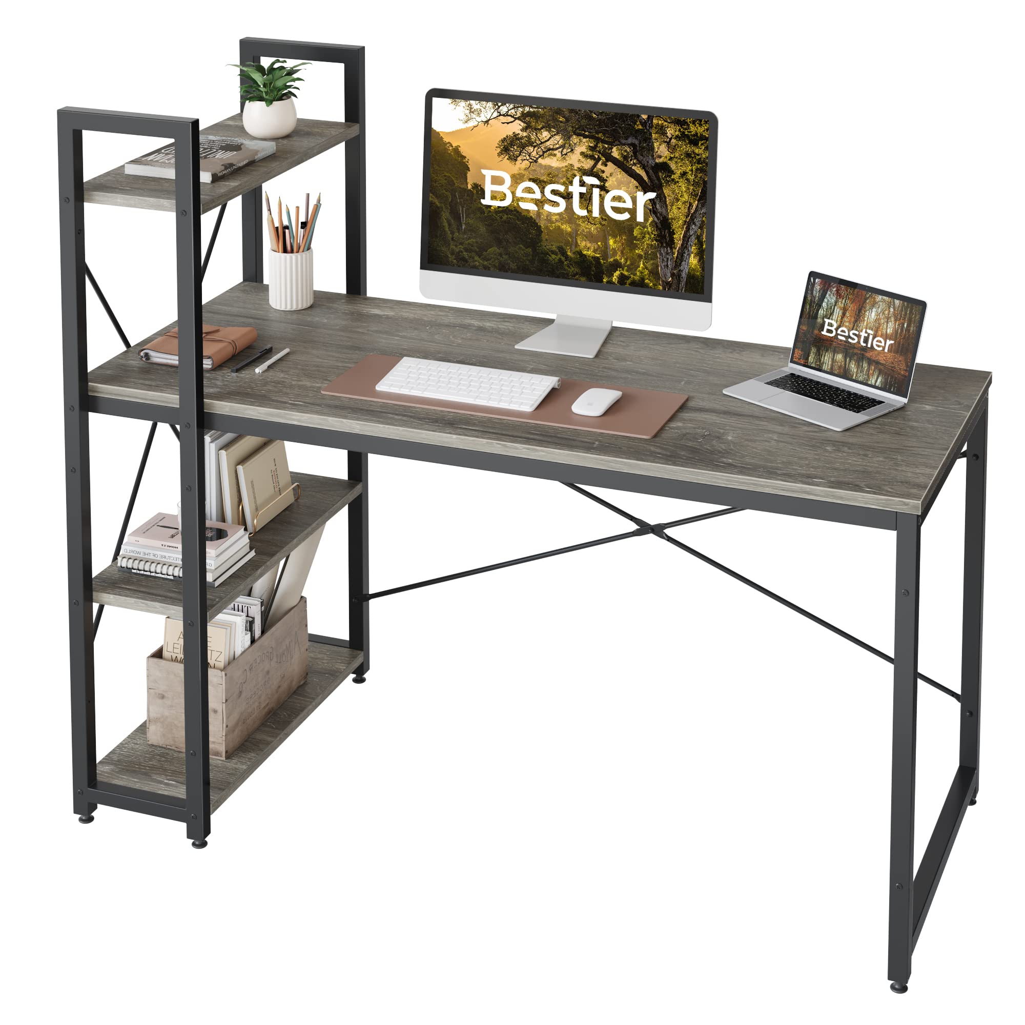 Bestier 55 Inch Computer Desk with Storage Shelves - Reversible Bookshelf Home Office Desk, Spacious Leg Room & Easy Assembly, Grey - Perfect for Small Spaces, Gaming & Remote Work Setup