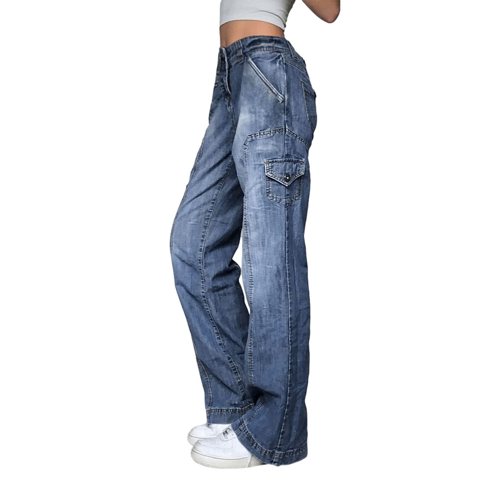 Women's High Waist Wide Leg Baggy Jeans - Trendy Stitching Relaxed Fit Denim Pants with Pockets for Casual Wear, Street Style & Everyday Comfort