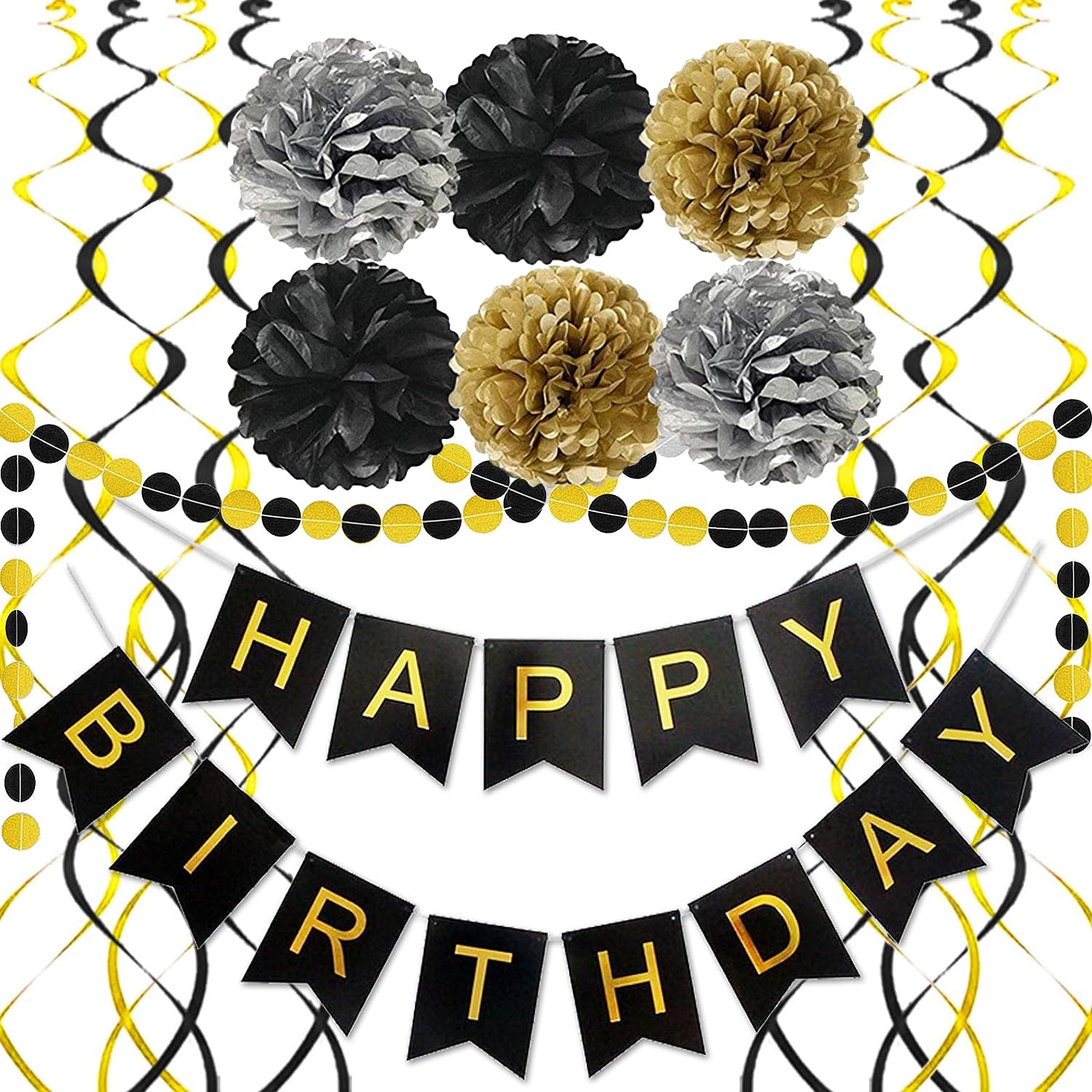 Black Gold Birthday Decorations Set - Happy Birthday Banner with Pom Poms, Triangle Bunting Garland & Swirl Streamers for Men's Party Supplies | Perfect for Adult Birthday Parties, Anniversary Celebrations & Gender Reveal Events