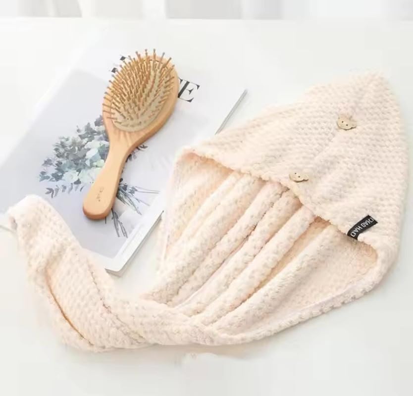 RoomEssentials Microfiber Hair Towel Wrap for Women - Super Absorbent Quick Dry Hair Turban for All Hair Types | Anti-Frizz Large Hair Drying Towel with Button (Cream) | Perfect for Post-Shower, Salon Styling & Travel
