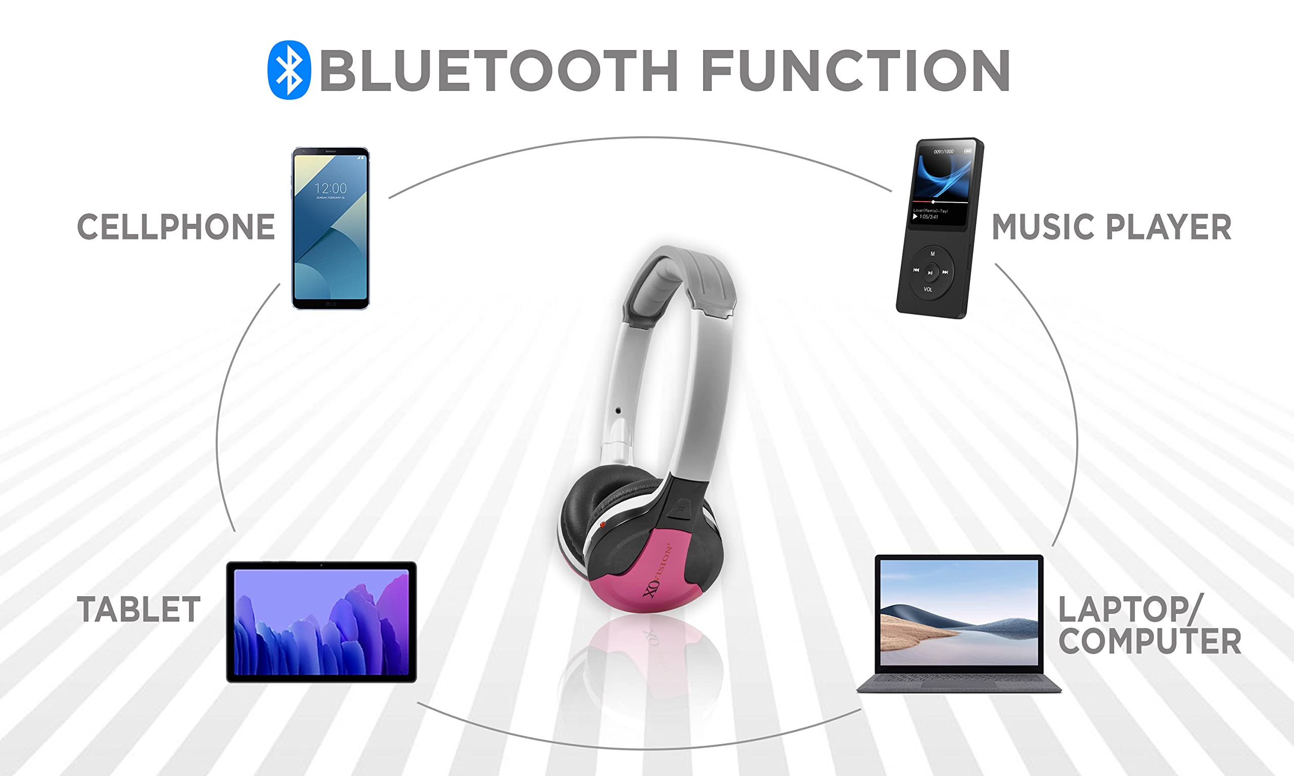 XO Vision IR630P Universal IR Wireless Foldable Headphones - Pink Bluetooth Headphones for iPhone, Android, Car & Kids | Lightweight Portable Design | Perfect for Travel, Commuting & Car Entertainment Systems