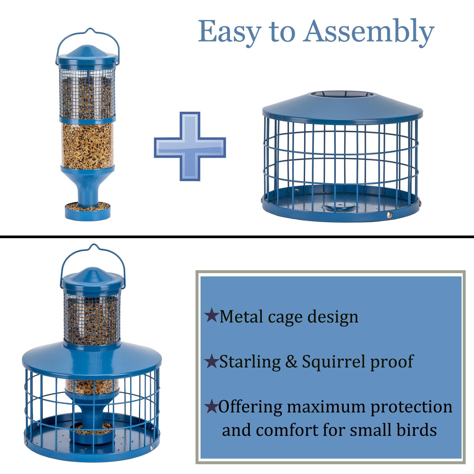 Squirrel Proof Metal Bird Feeder - 2.8Lb Capacity Outdoor Hanging Cage Tube Feeder with Detachable Tray, Easy to Clean & Starling Resistant (Blue) - Perfect for Backyards, Gardens & Bird Watching Enthusiasts