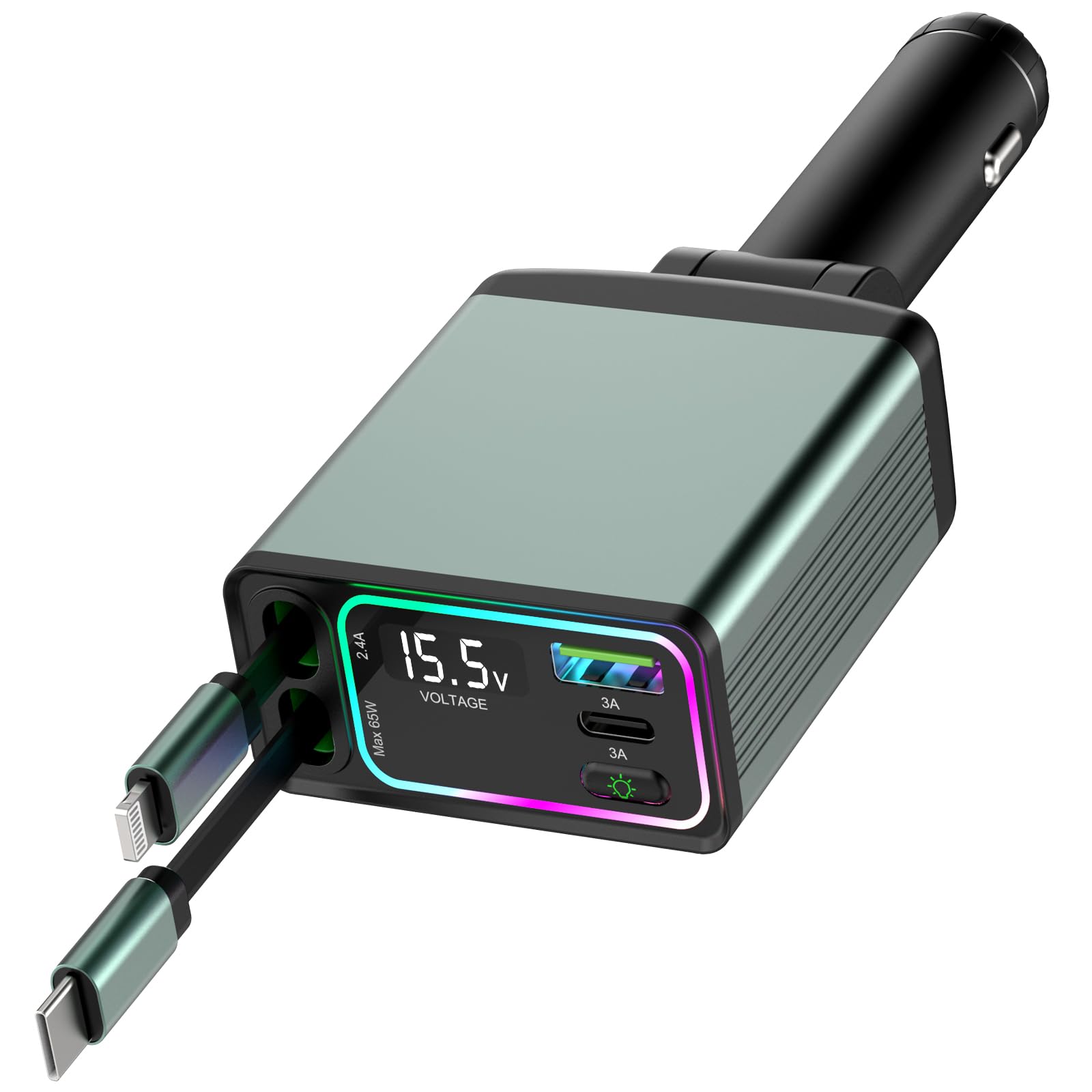 4-in-1 Retractable Fast Car Charger with USB-C & Lightning Ports (2.62ft Cables) - Compatible with iPhone 16/15/14/13/12, iPad, Samsung Galaxy, Google Pixel - Perfect for Road Trips, Commuting & Emergency Charging