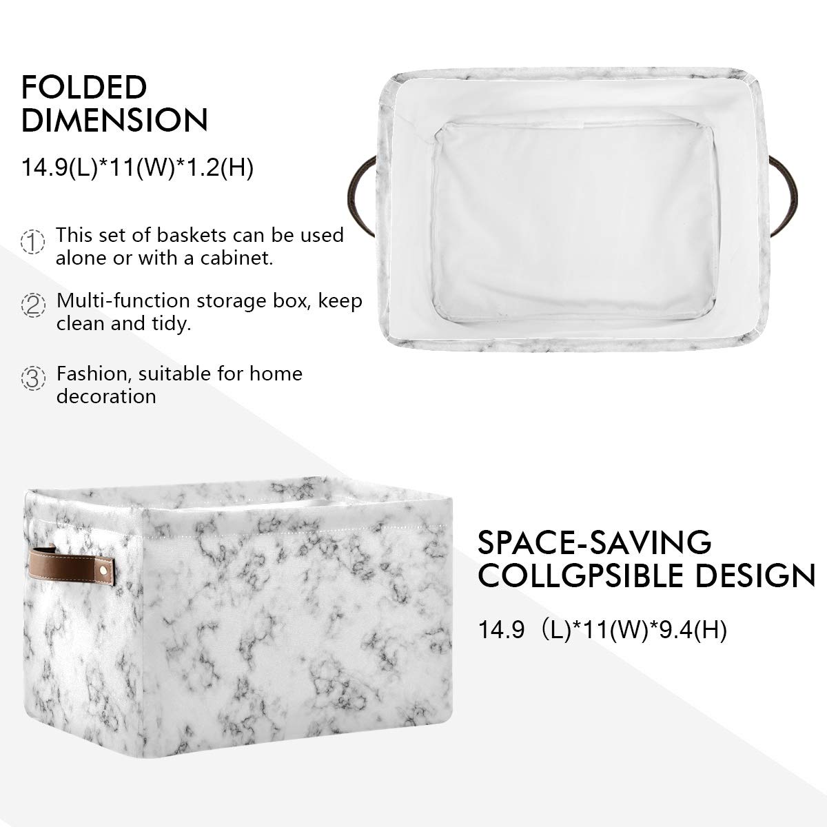 Collapsible White Marble & Black Texture Fabric Storage Basket with PU Leather Handles - Organizer Bin for Toys, Wardrobe, Closet Shelves - Perfect for Nursery, Playroom & Home Organization