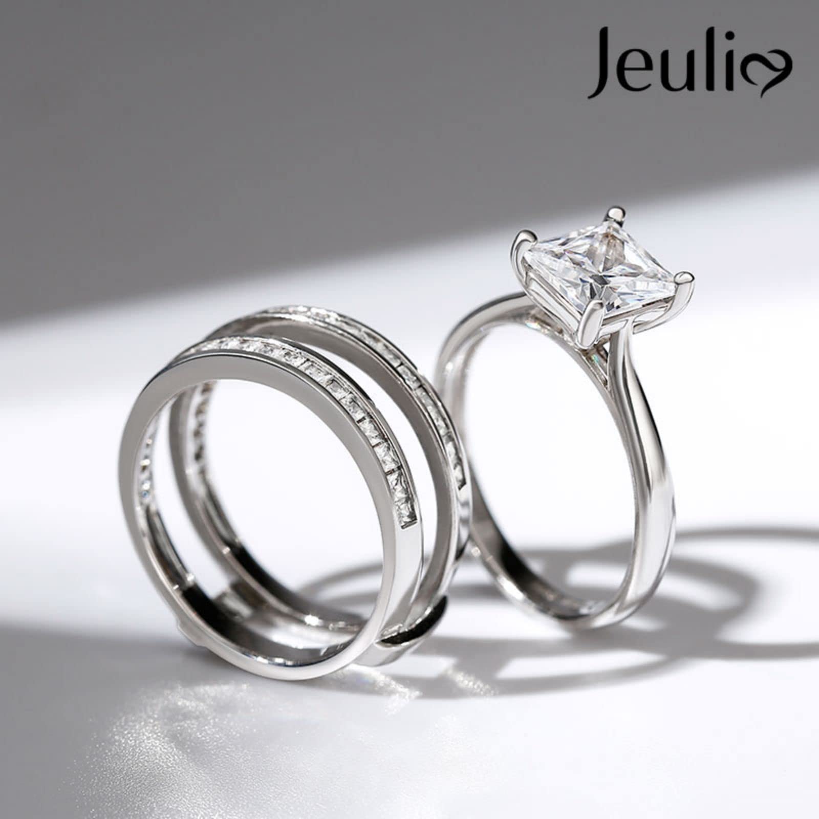 Jeulia 4.37 Carat Princess Cut Cubic Zirconia Engagement Ring & Wedding Band Set for Women - Sterling Silver CZ Solitaire Bridal Promise Rings - Perfect for Anniversaries, Proposals & Special Occasions