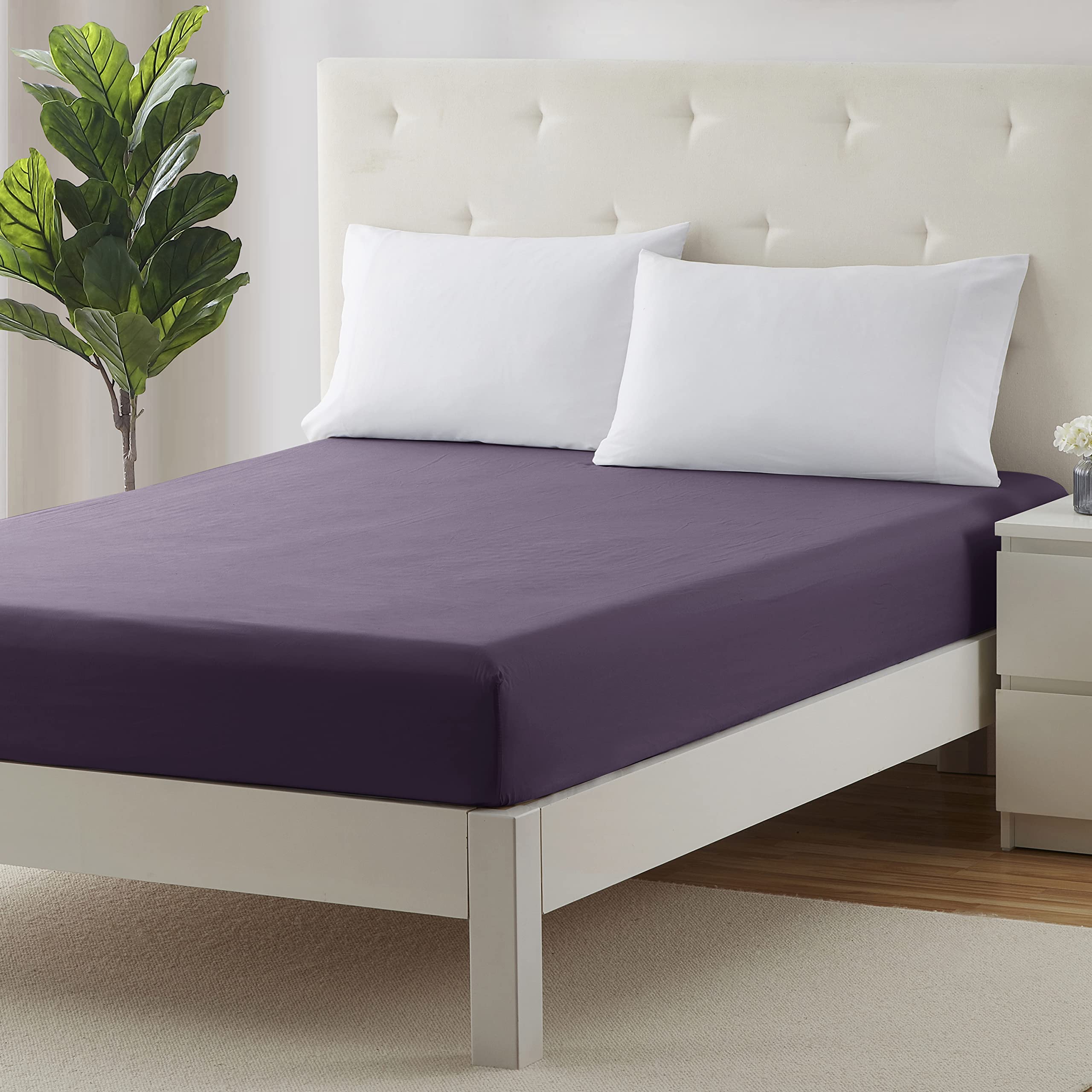 Clara Clark Twin XL Fitted Sheet - Super Soft 16 Inch Deep Pocket Mattress Cover - Wrinkle, Fade & Stain Resistant - Eggplant Purple - Perfect for Dorms, Guest Rooms & RV Mattresses