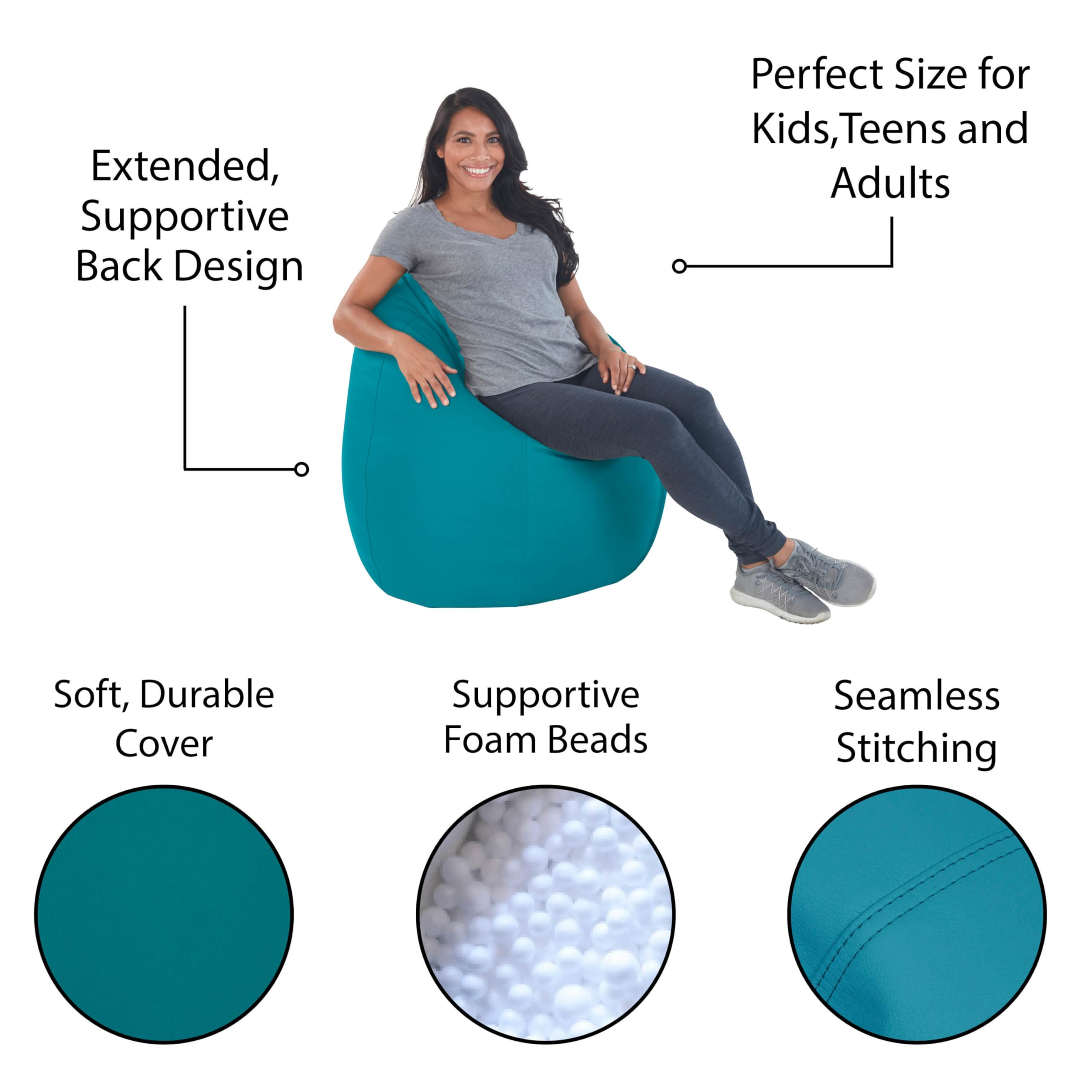 FDP Dew Drop Bean Bag Chair - High-Back Supportive Flexible Seating for Adults & Kids - Comfortable Bean Bag for Bedroom, Dorm, Classroom & Gaming Room - Perfect for Relaxing, Reading & Video Games (Teal)